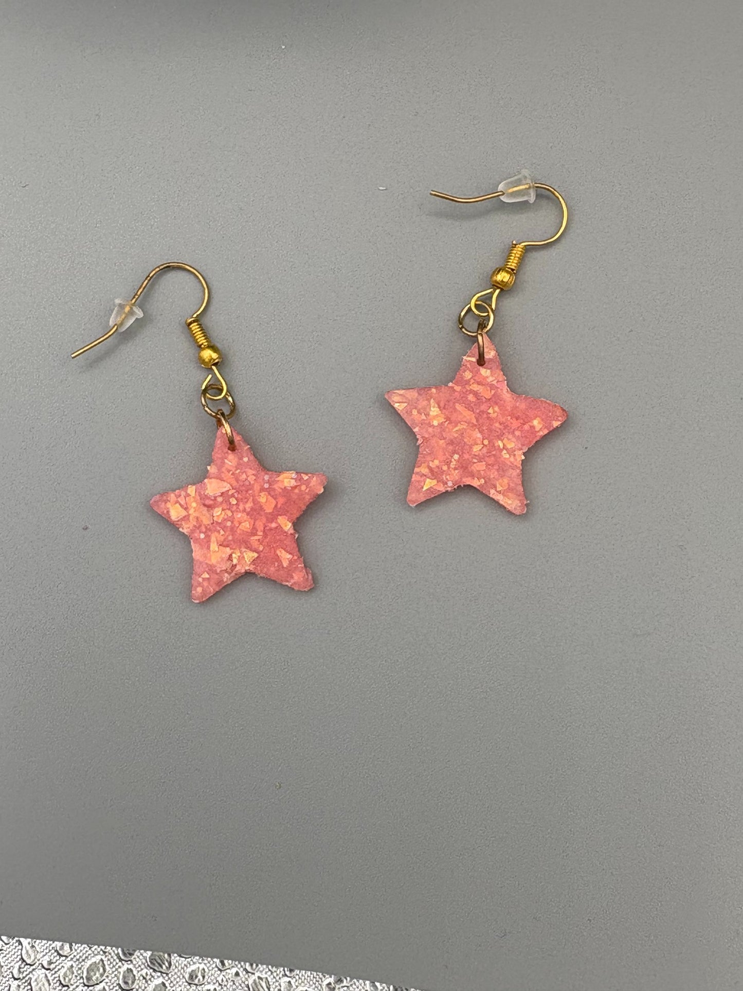 Pink Opalescent Star Dangle Earrings - handcrafted polymer clay earrings by Lakeside Clay