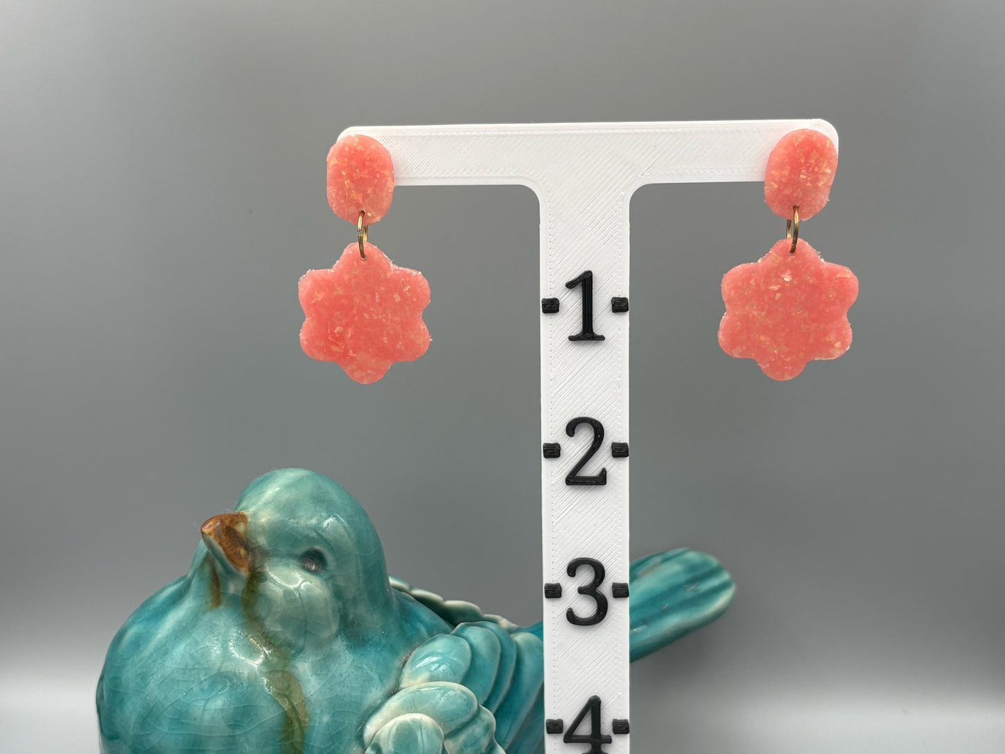 Pink Opalescent Flower Dangle Earrings - handcrafted polymer clay earrings by Lakeside Clay
