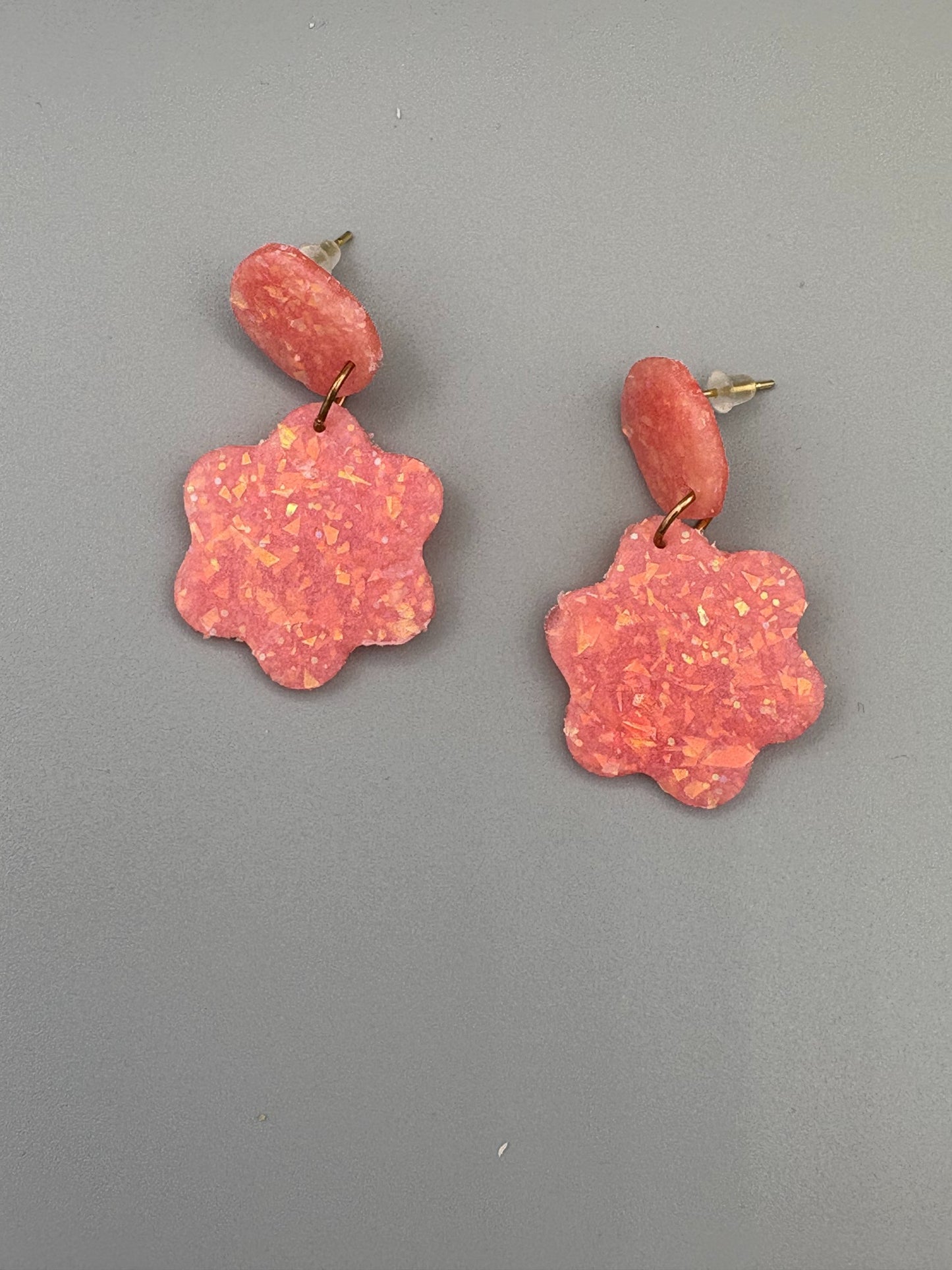 Pink Opalescent Flower Dangle Earrings - handcrafted polymer clay earrings by Lakeside Clay