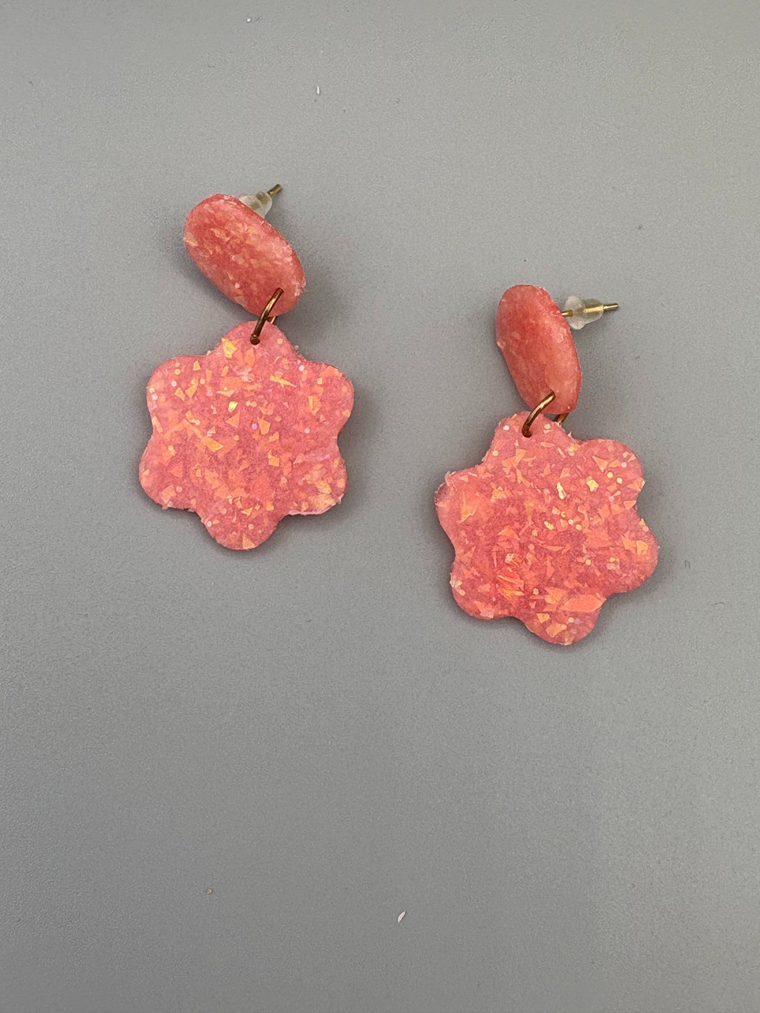Pink Opalescent Flower Dangle Earrings - handcrafted polymer clay earrings by Lakeside Clay