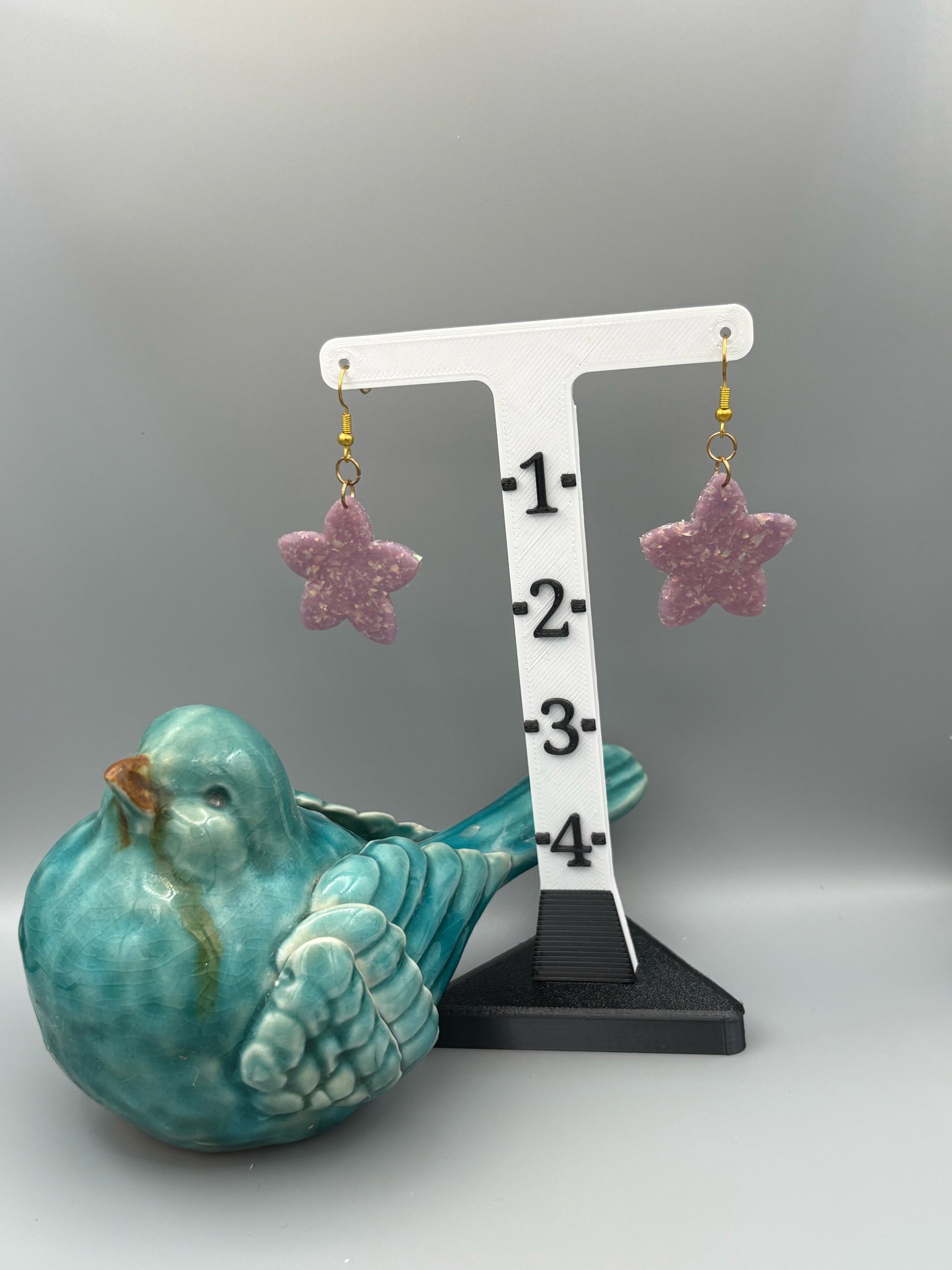 Purple Opalescent Star Flower Dangle Earrings - handcrafted polymer clay earrings by Lakeside Clay