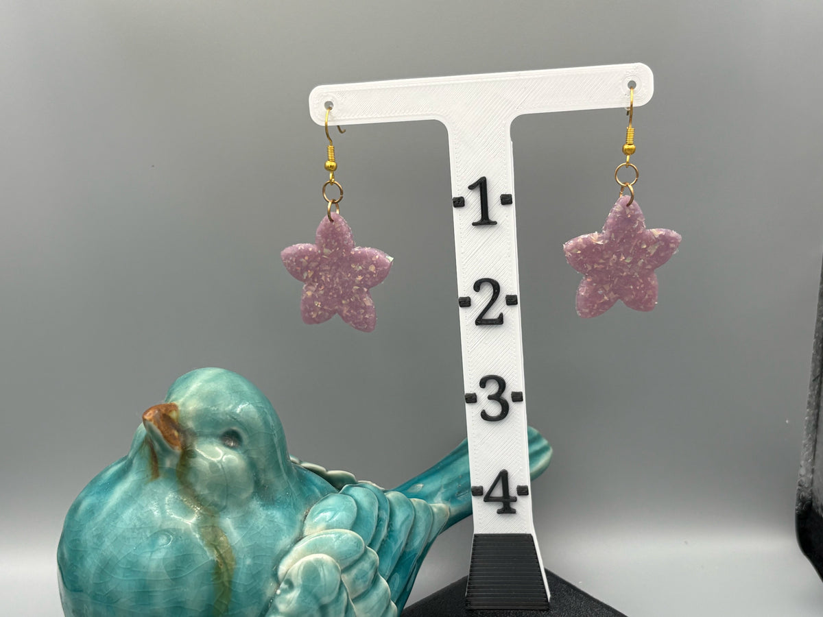 Purple Opalescent Star Flower Dangle Earrings - handcrafted polymer clay earrings by Lakeside Clay