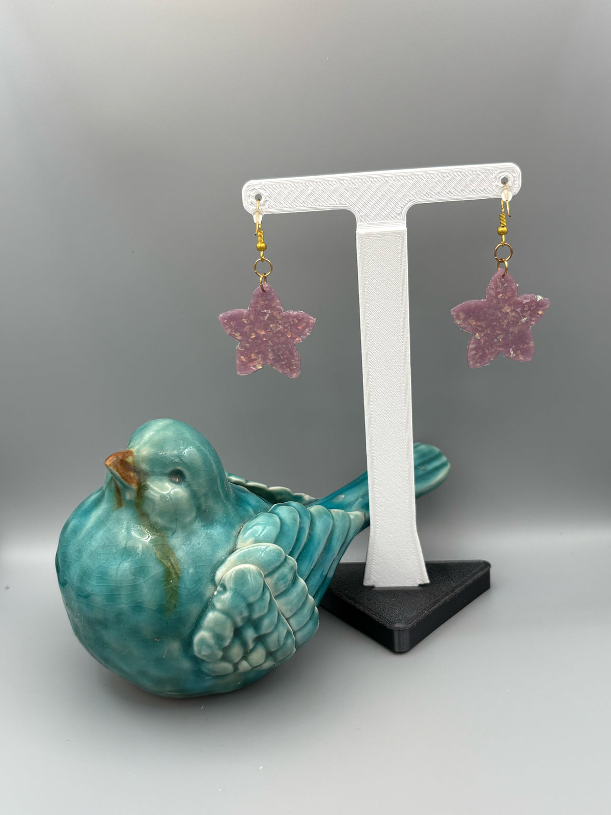 Purple Opalescent Star Flower Dangle Earrings - handcrafted polymer clay earrings by Lakeside Clay