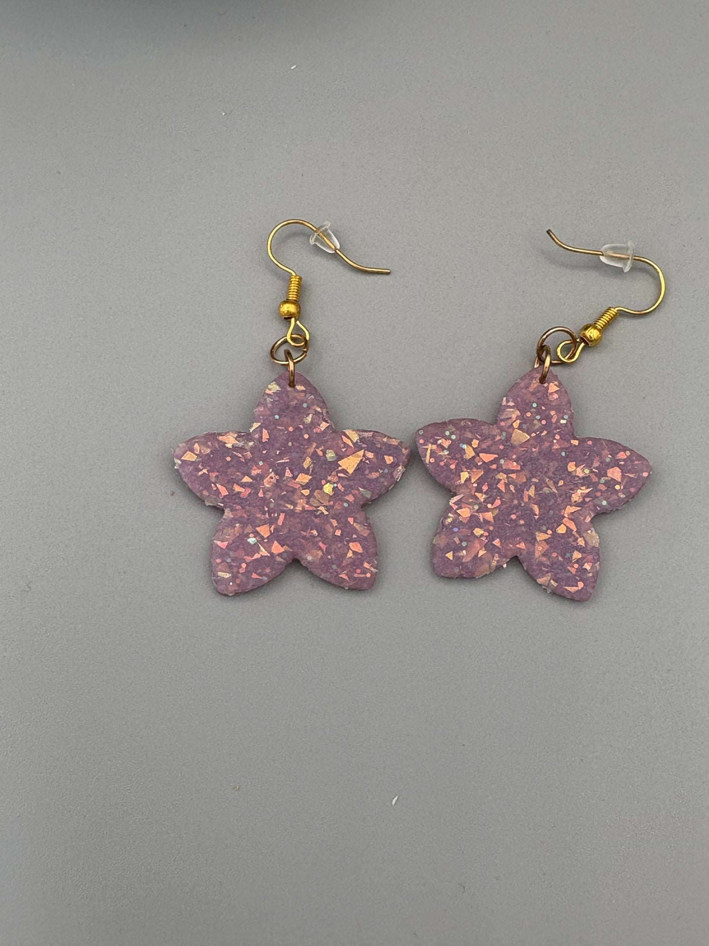 Purple Opalescent Star Flower Dangle Earrings - handcrafted polymer clay earrings by Lakeside Clay