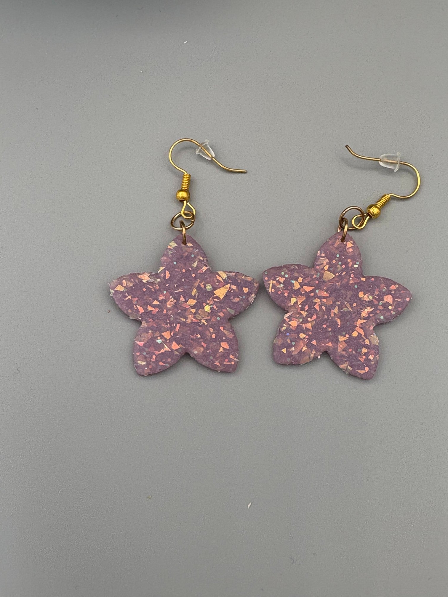 Purple Opalescent Star Flower Dangle Earrings - handcrafted polymer clay earrings by Lakeside Clay