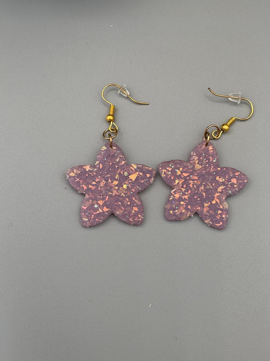 Purple Opalescent Star Flower Dangle Earrings - handcrafted polymer clay earrings by Lakeside Clay