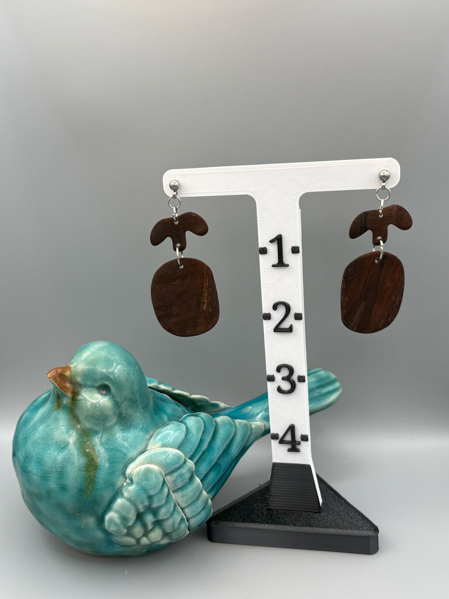 Mahogany T & Oval Dangle Earrings - handcrafted polymer clay earrings by Lakeside Clay