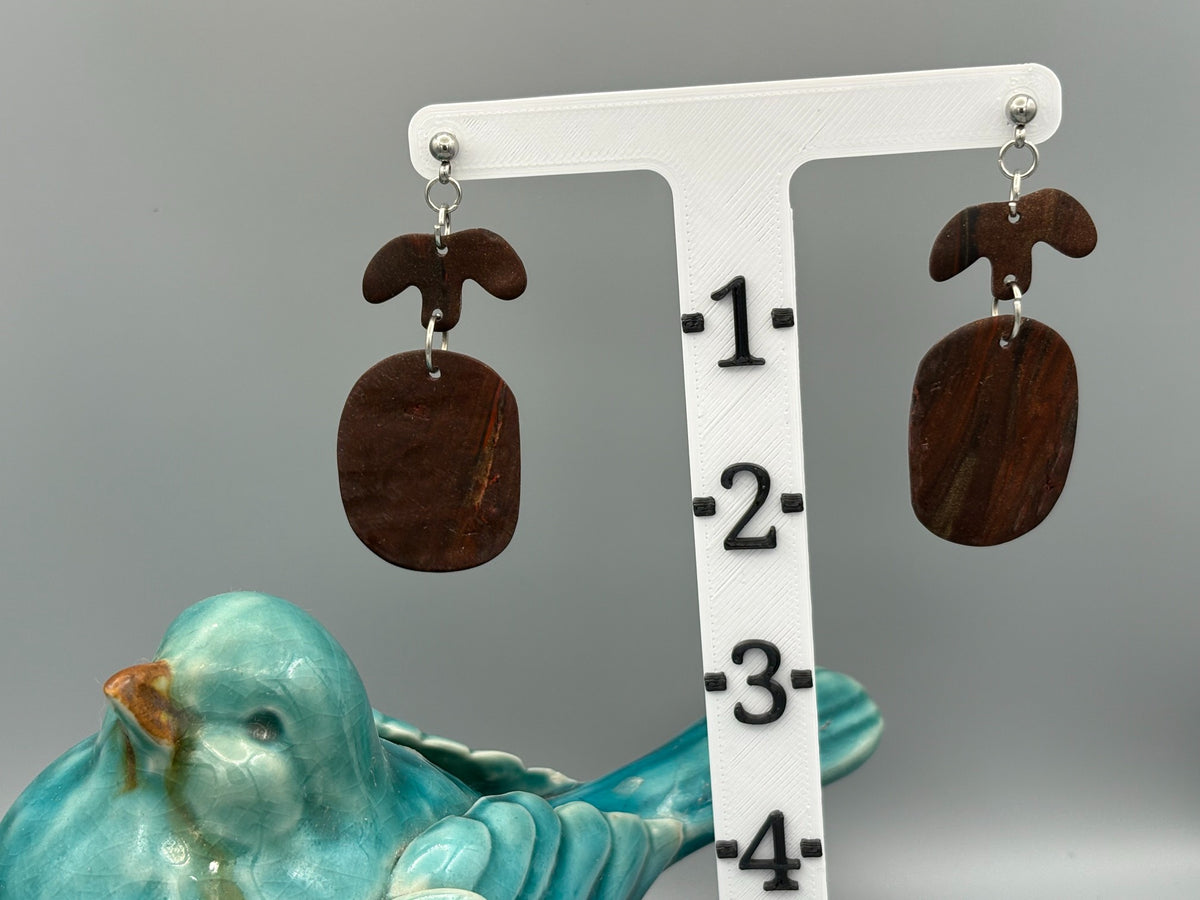 Mahogany T & Oval Dangle Earrings - handcrafted polymer clay earrings by Lakeside Clay