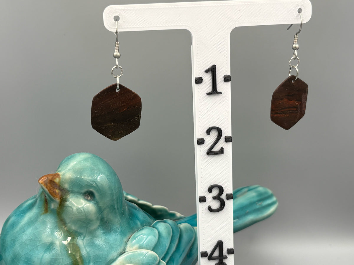 Mahogany Hexagon Dangle Earrings - handcrafted polymer clay earrings by Lakeside Clay