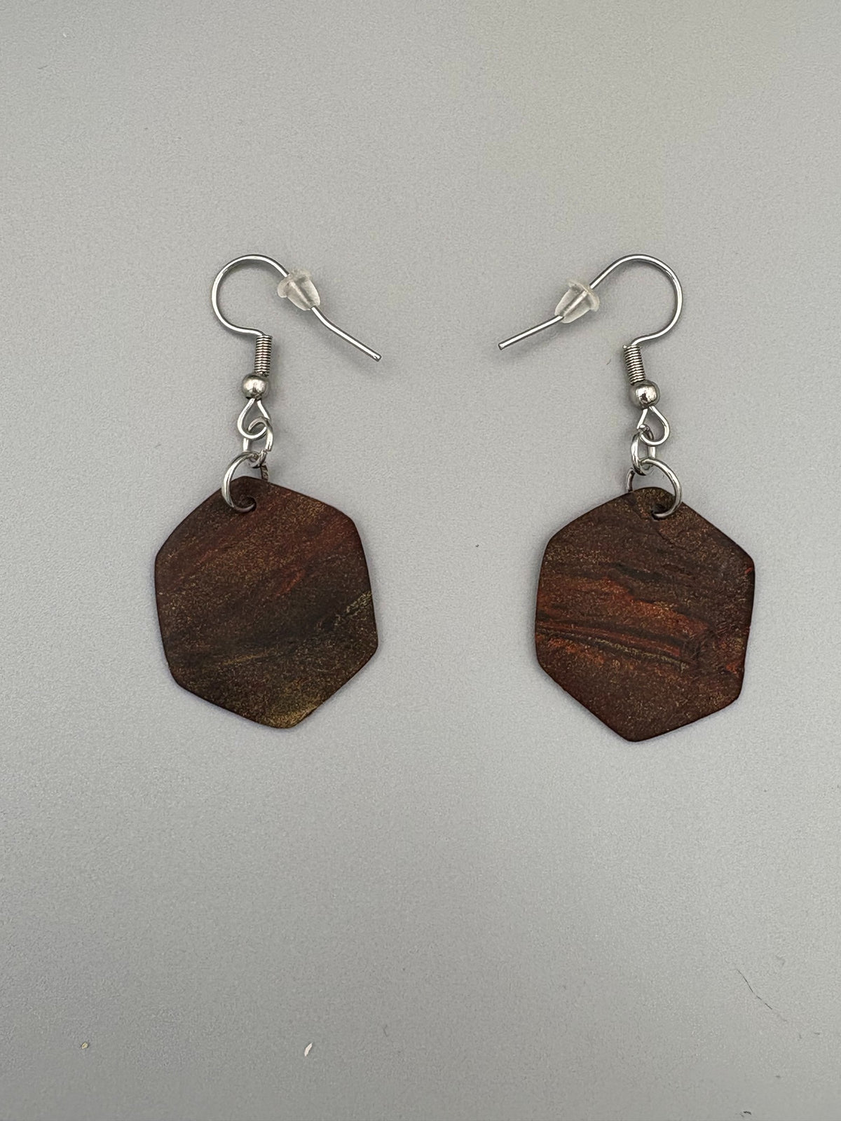 Mahogany Hexagon Dangle Earrings - handcrafted polymer clay earrings by Lakeside Clay