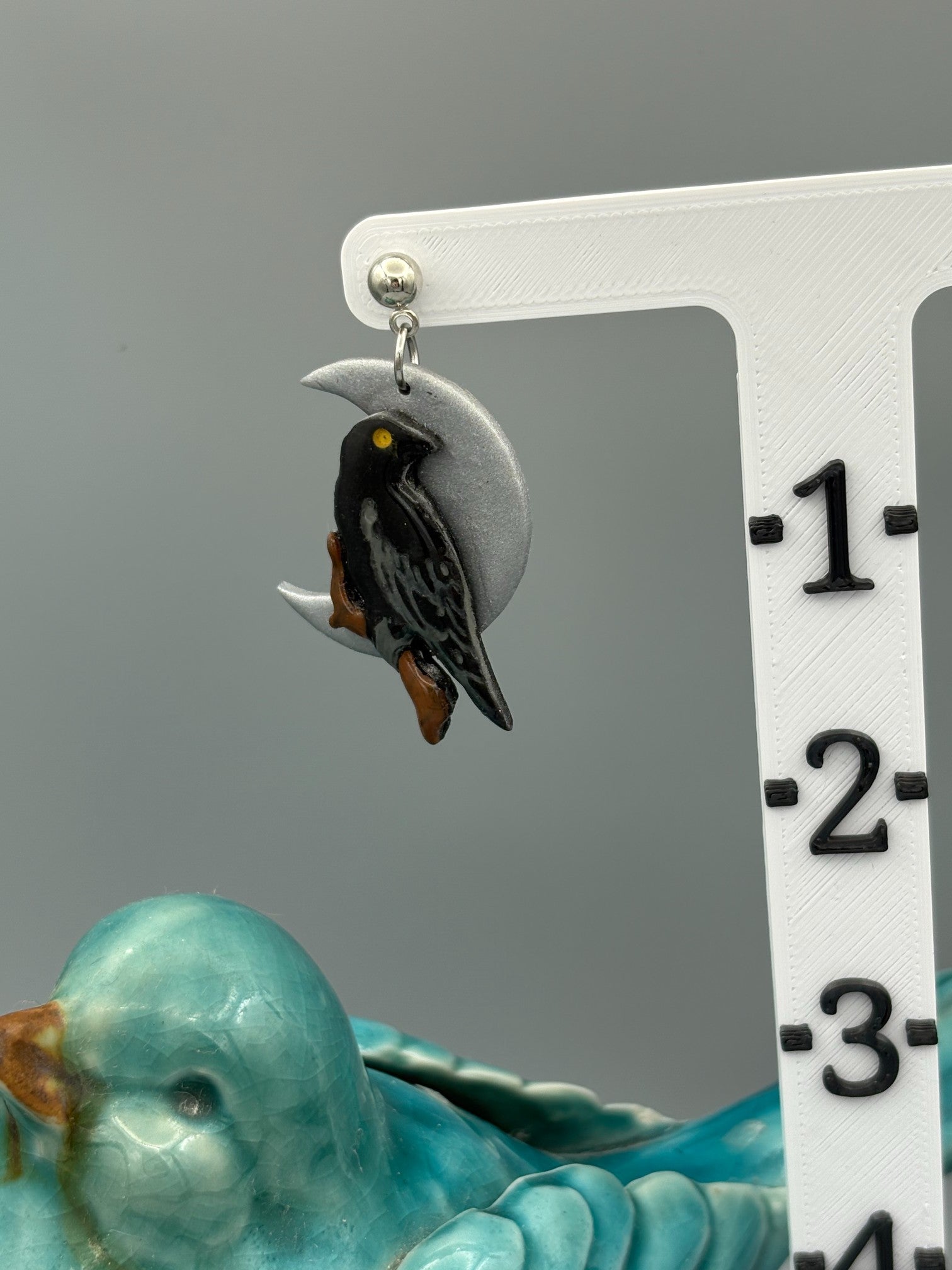 Raven on Moon Dangle Earrings - handcrafted polymer clay earrings by Lakeside Clay