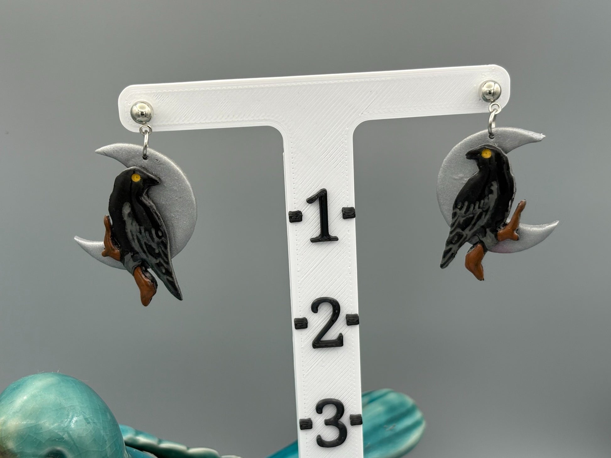 Raven on Moon Dangle Earrings - handcrafted polymer clay earrings by Lakeside Clay