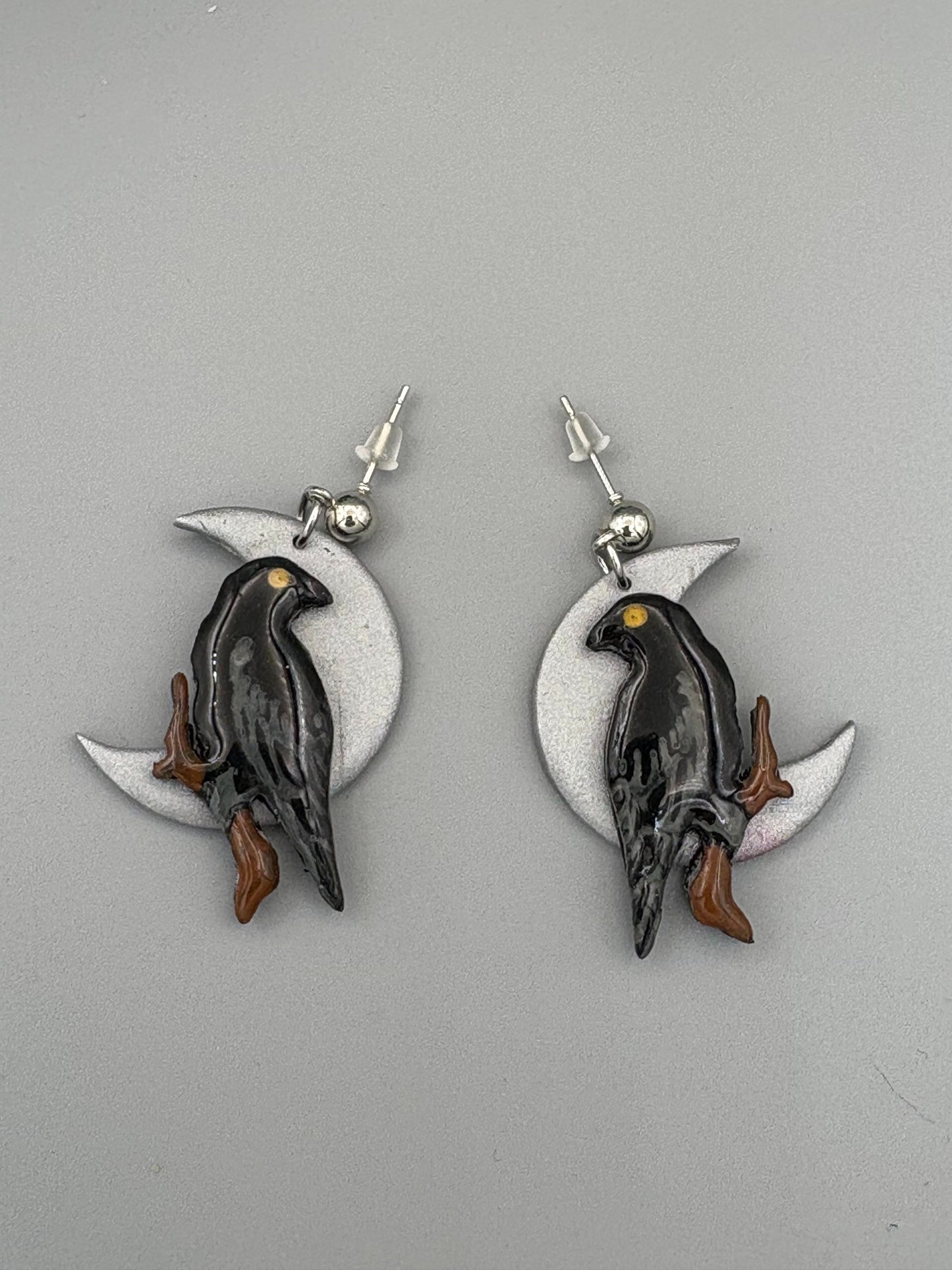 Raven on Moon Dangle Earrings - handcrafted polymer clay earrings by Lakeside Clay