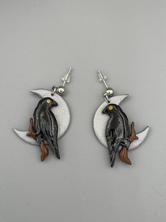 Raven on Moon Dangle Earrings - handcrafted polymer clay earrings by Lakeside Clay