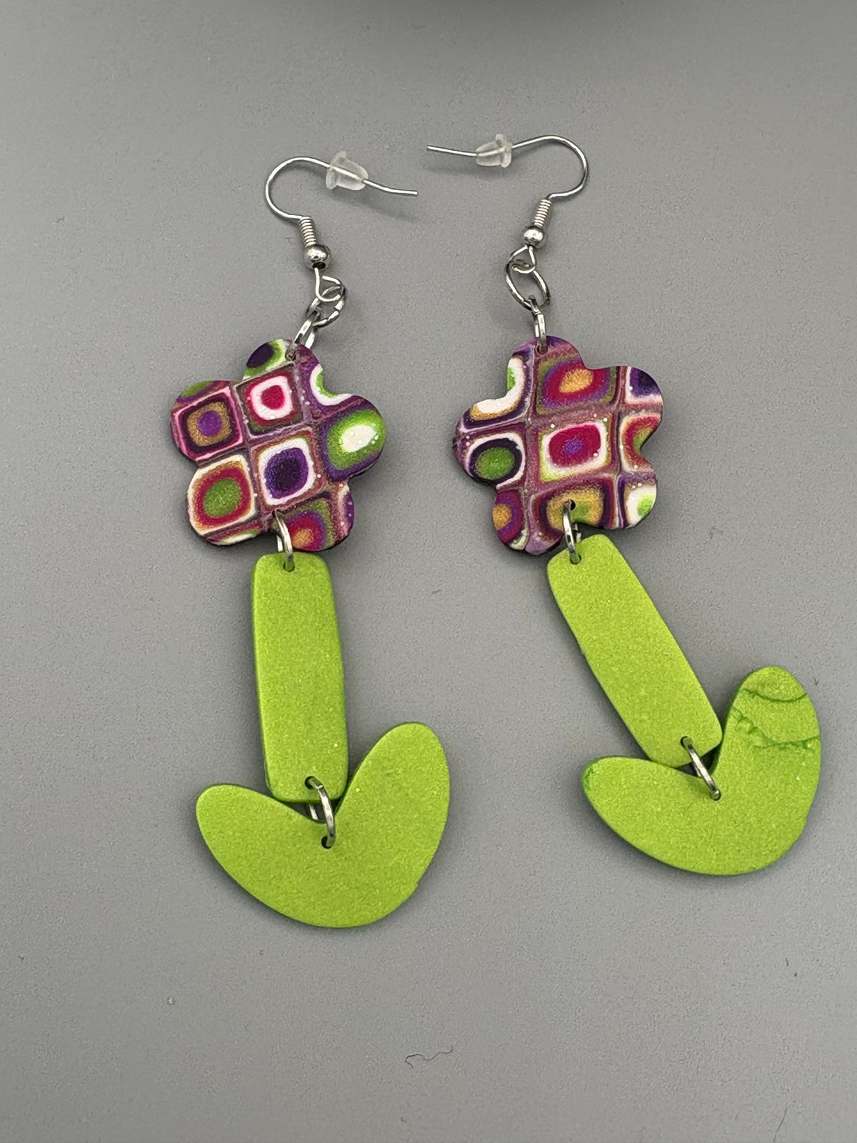 Retro Plant Dangle Earrings - handcrafted polymer clay earrings by Lakeside Clay