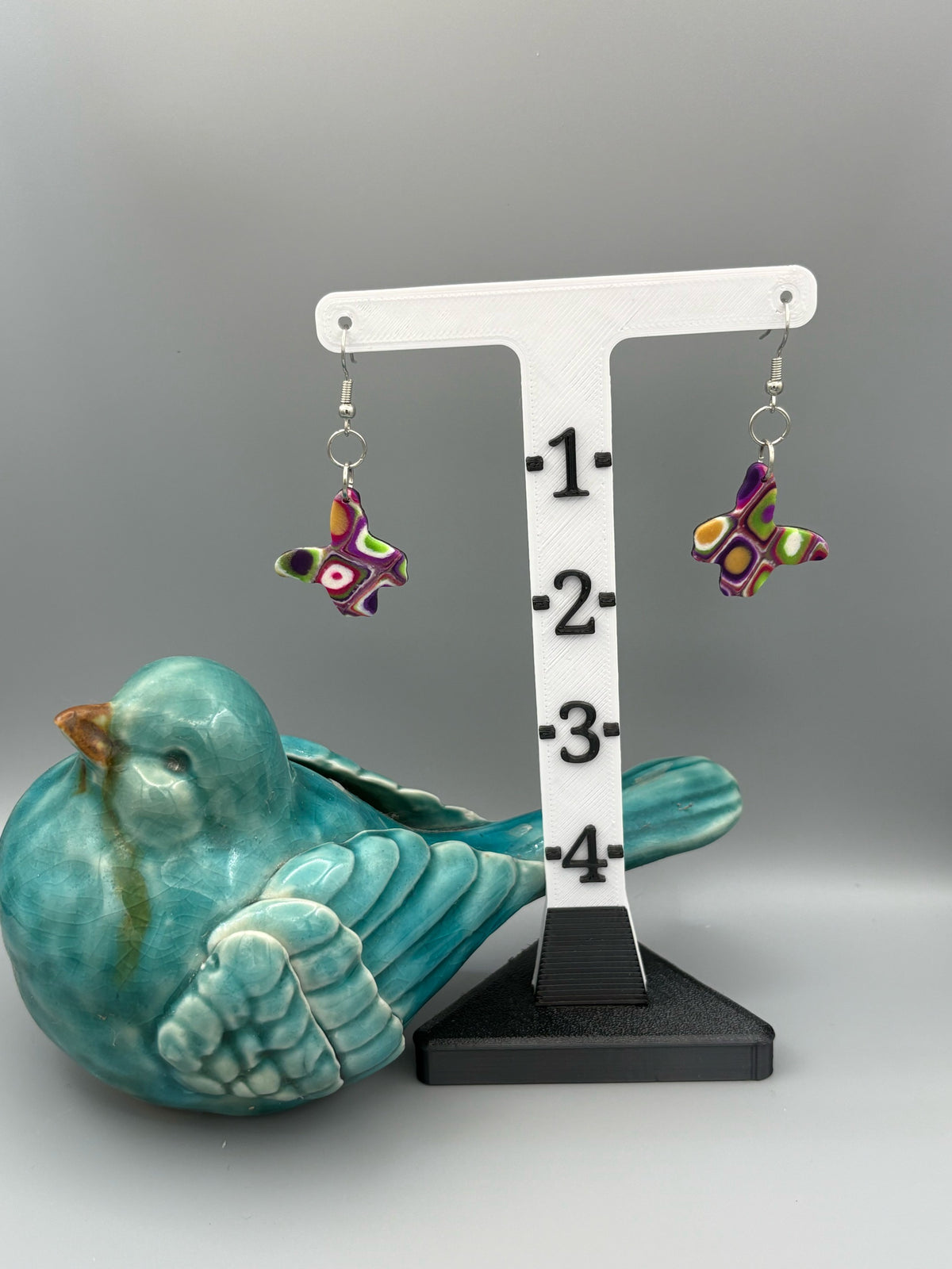 Retro Butterfly Dangle Earrings - handcrafted polymer clay earrings by Lakeside Clay