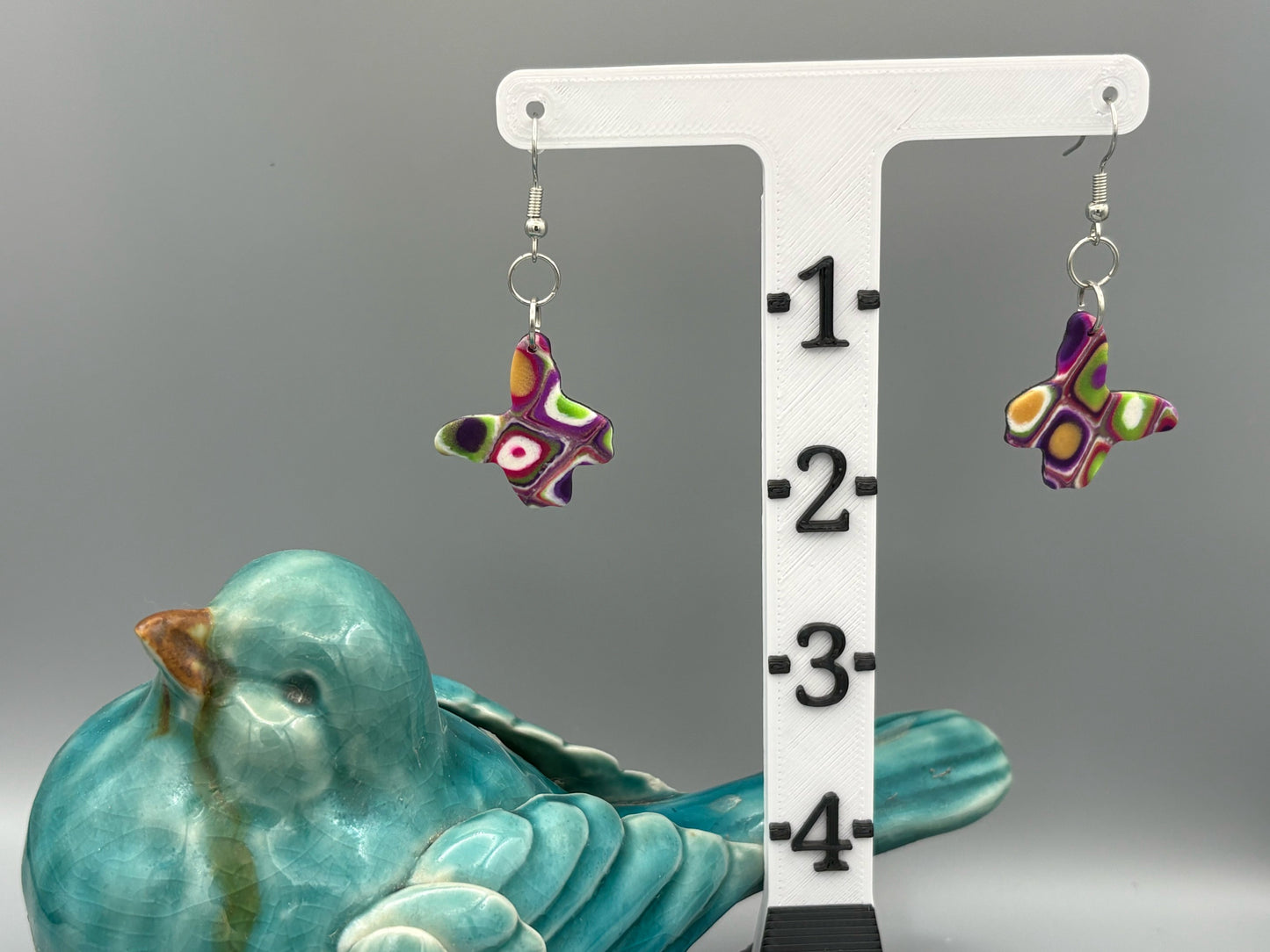 Retro Butterfly Dangle Earrings - handcrafted polymer clay earrings by Lakeside Clay