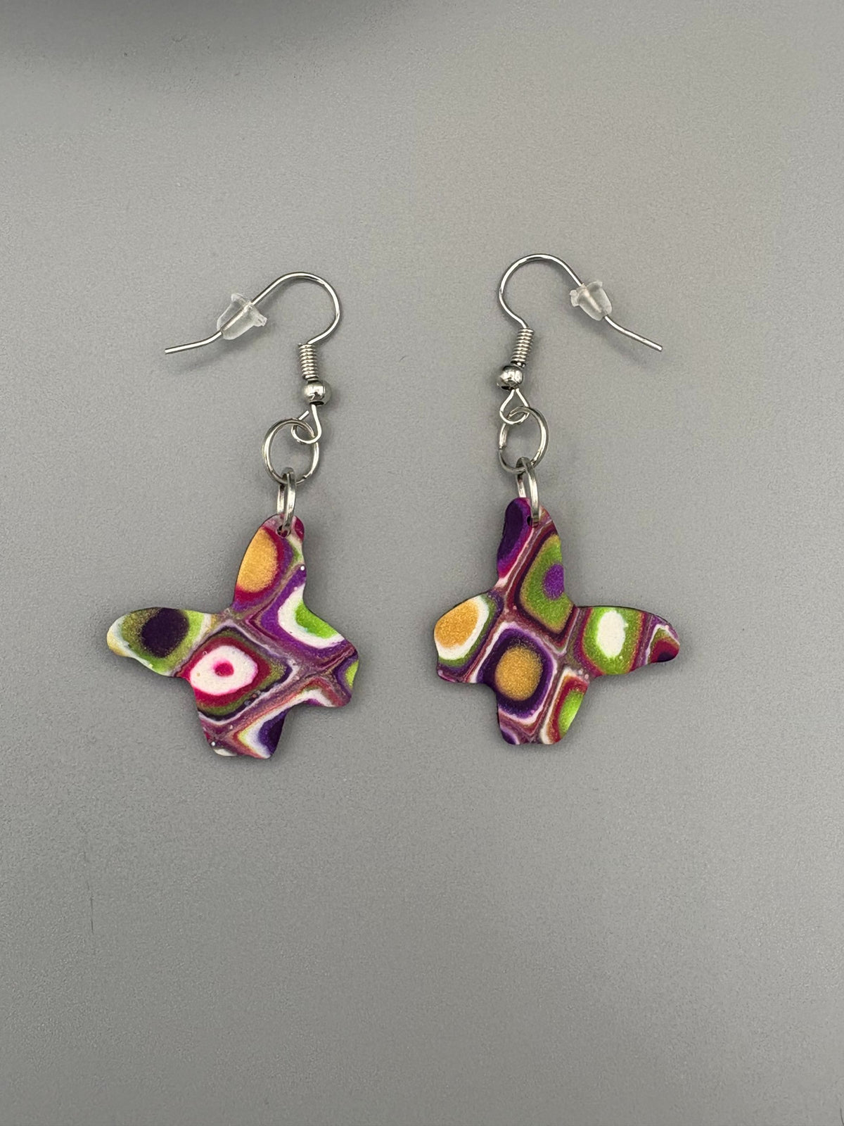 Retro Butterfly Dangle Earrings - handcrafted polymer clay earrings by Lakeside Clay
