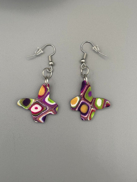 Retro Butterfly Dangle Earrings - handcrafted polymer clay earrings by Lakeside Clay
