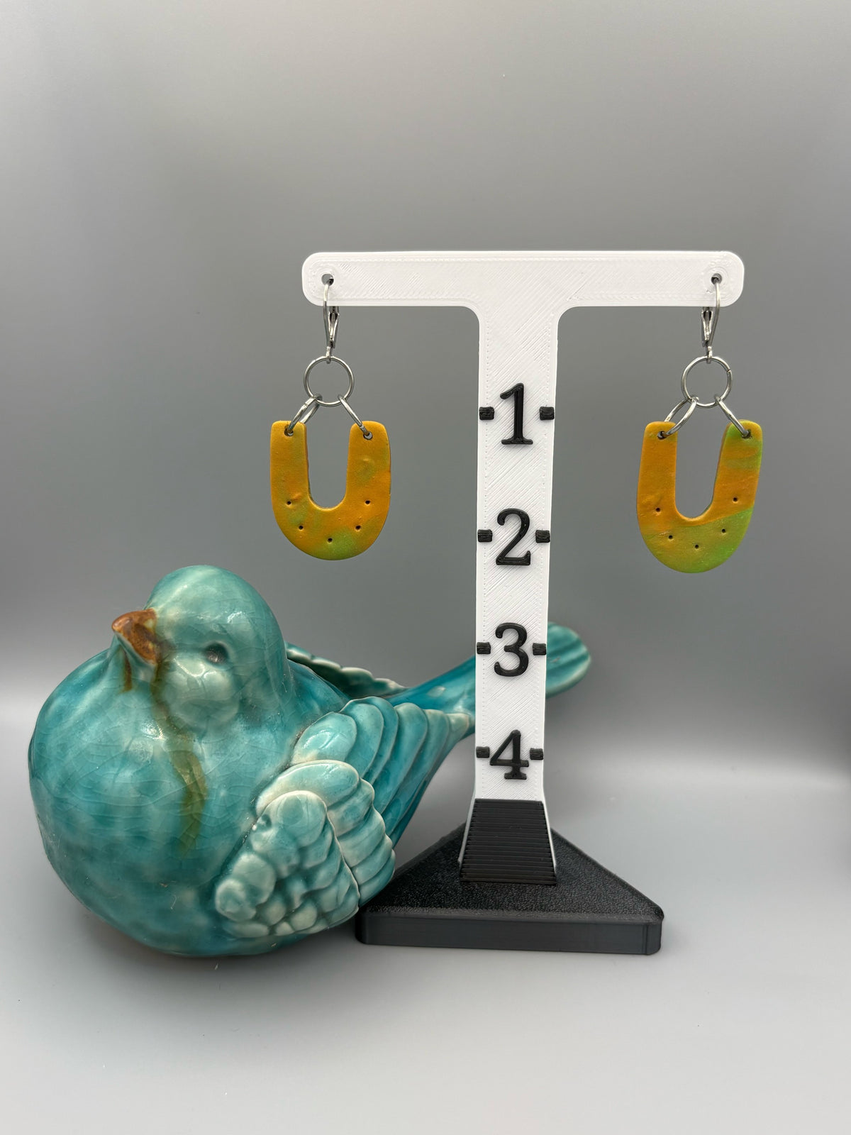 Green & Gold Horseshoe Dangle Earrings - handcrafted polymer clay earrings by Lakeside Clay