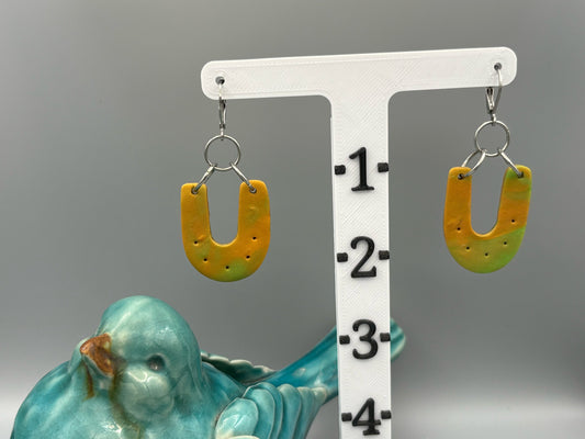Green & Gold Horseshoe Dangle Earrings - handcrafted polymer clay earrings by Lakeside Clay