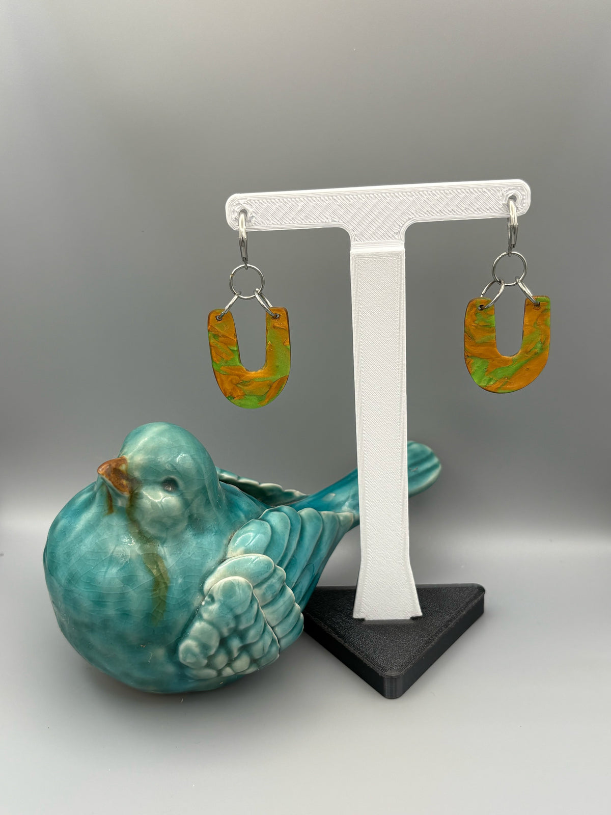 Green & Gold Horseshoe Dangle Earrings - handcrafted polymer clay earrings by Lakeside Clay