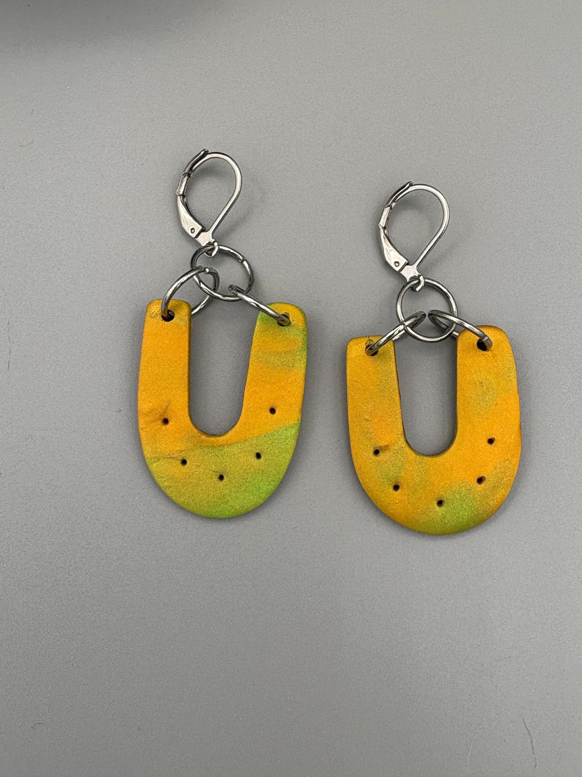 Green & Gold Horseshoe Dangle Earrings - handcrafted polymer clay earrings by Lakeside Clay