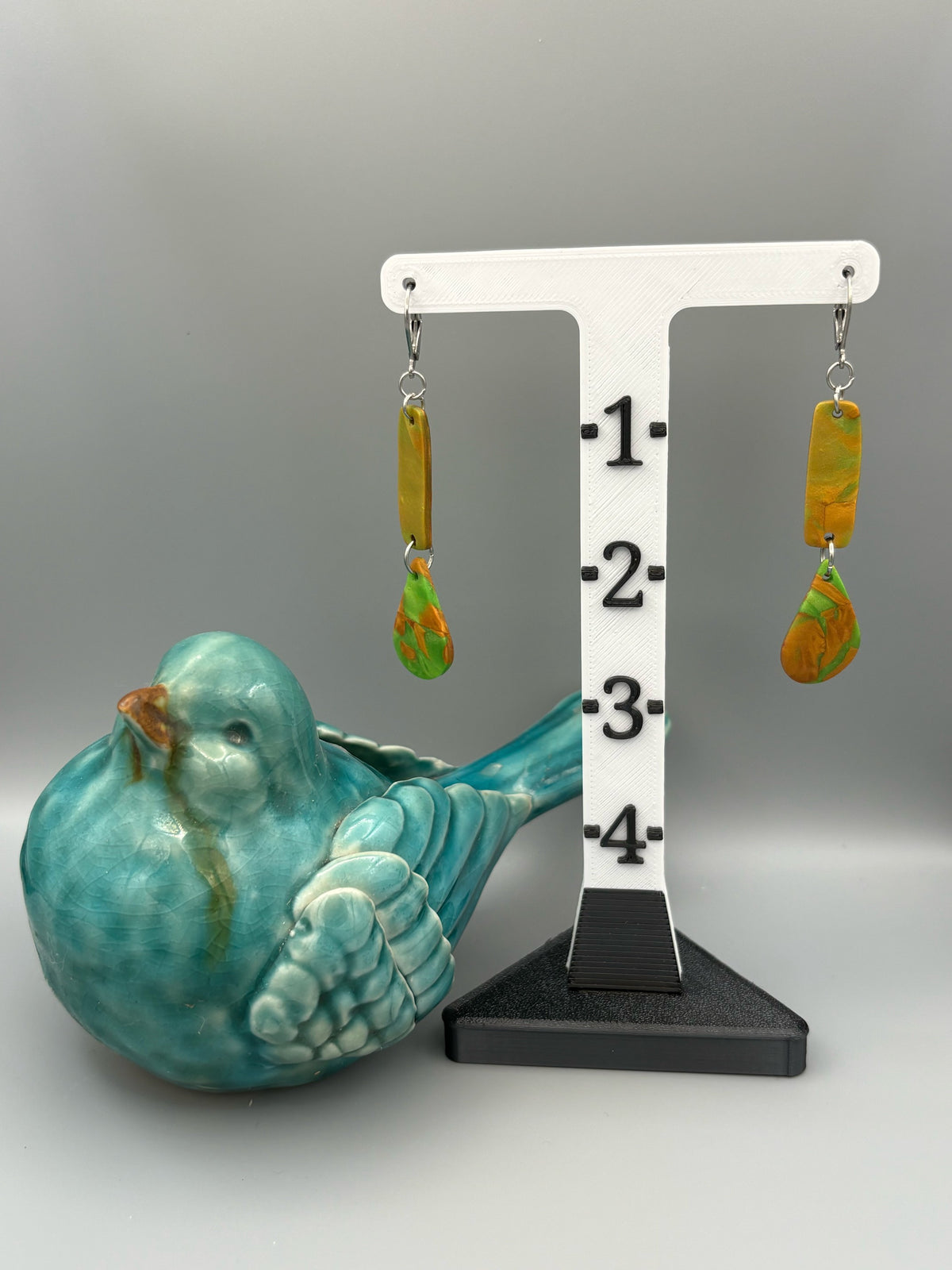 Green & Gold Bar & Drop Dangle Earrings - handcrafted polymer clay earrings by Lakeside Clay