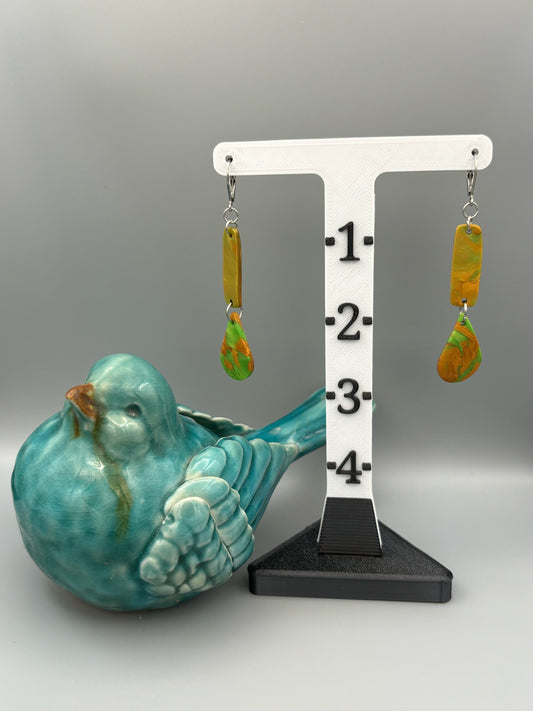 Green & Gold Bar & Drop Dangle Earrings - handcrafted polymer clay earrings by Lakeside Clay