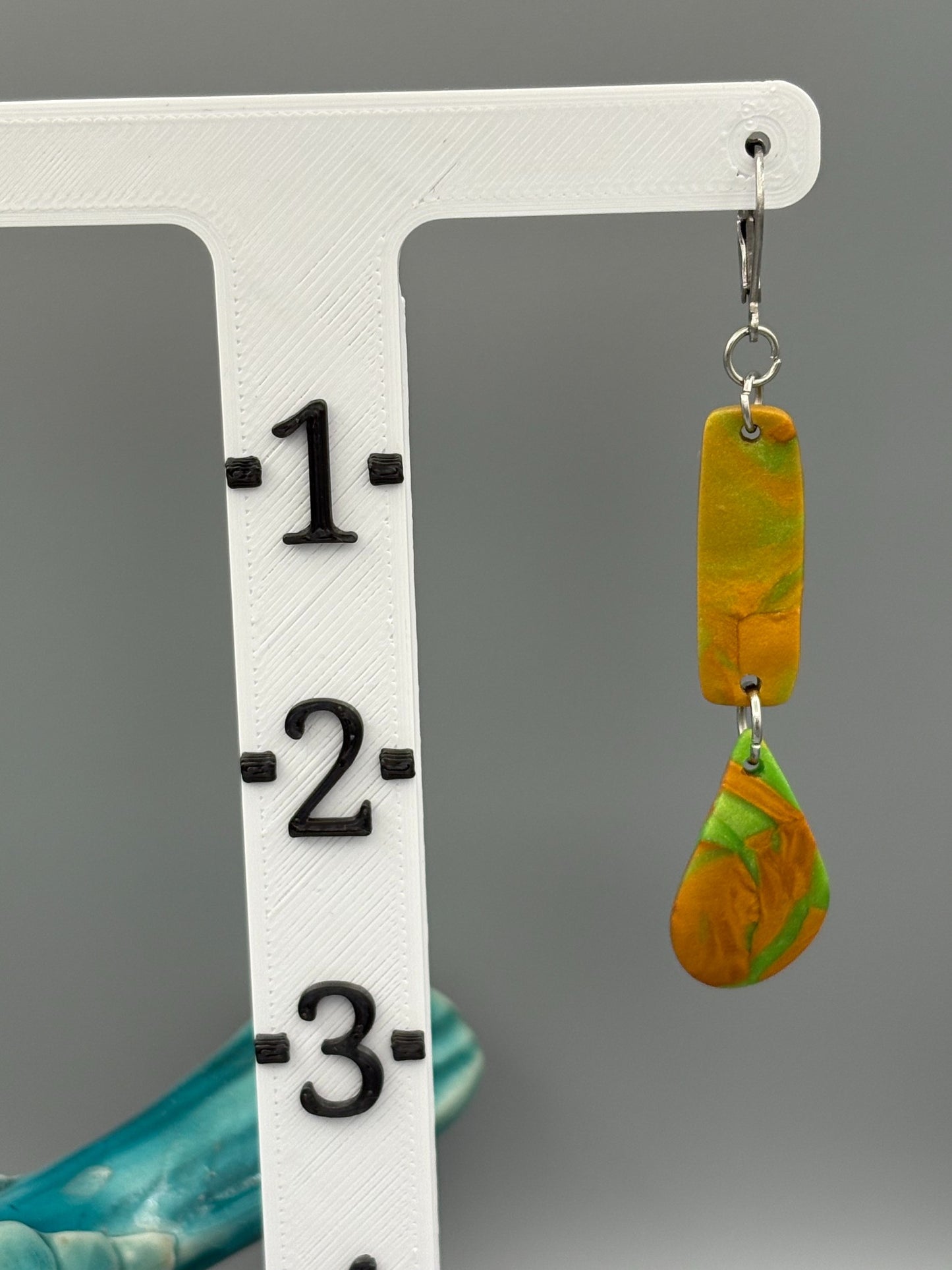 Green & Gold Bar & Drop Dangle Earrings - handcrafted polymer clay earrings by Lakeside Clay