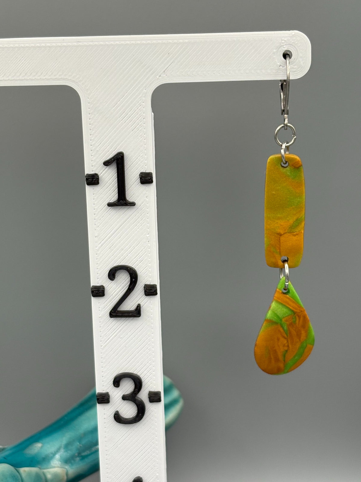 Green & Gold Bar & Drop Dangle Earrings - handcrafted polymer clay earrings by Lakeside Clay