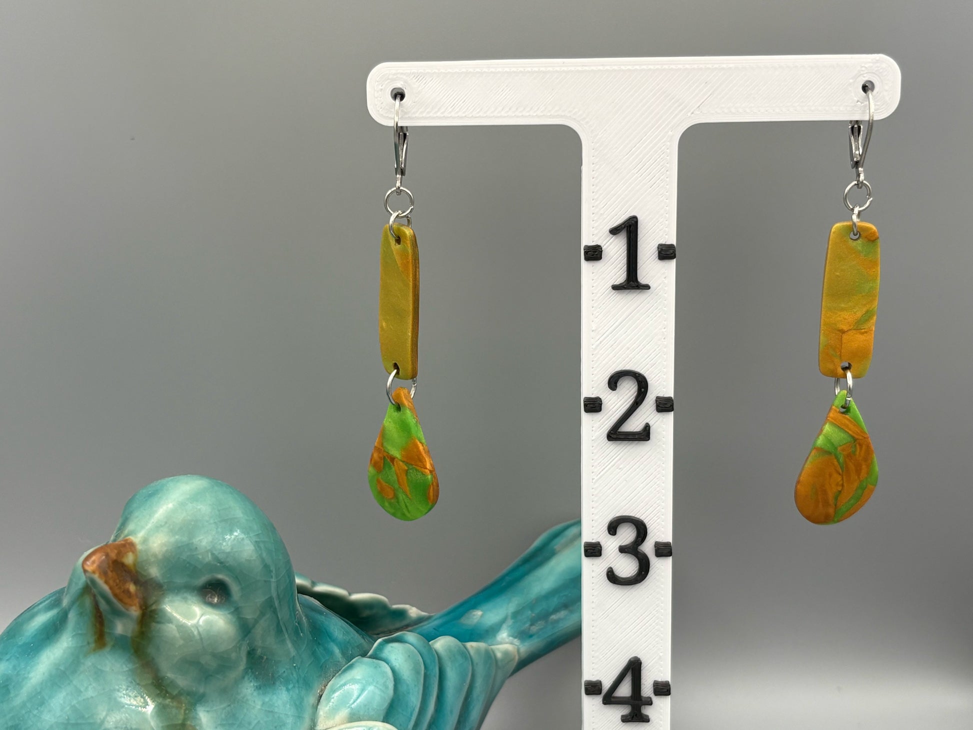 Green & Gold Bar & Drop Dangle Earrings - handcrafted polymer clay earrings by Lakeside Clay