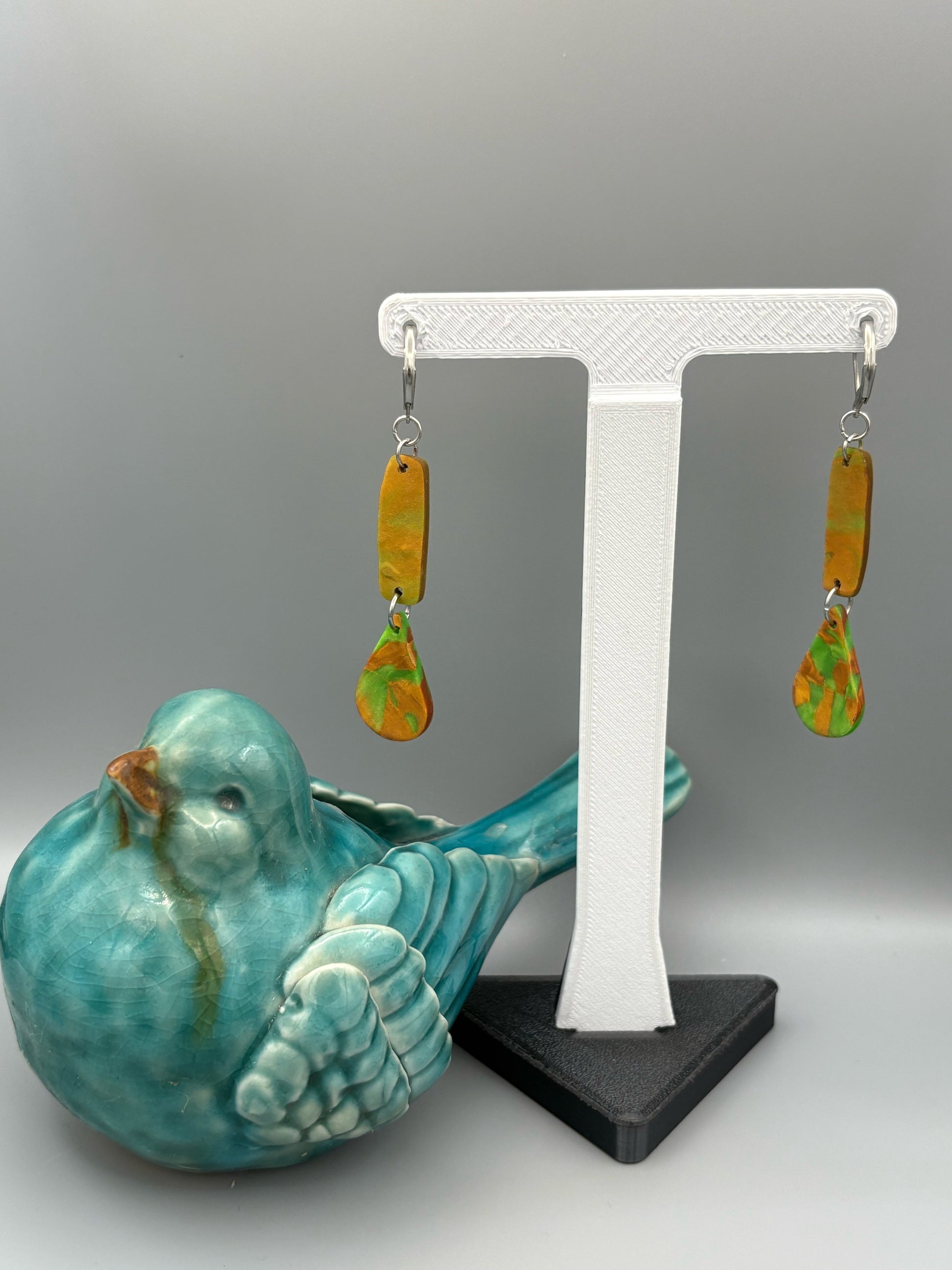 Green & Gold Bar & Drop Dangle Earrings - handcrafted polymer clay earrings by Lakeside Clay