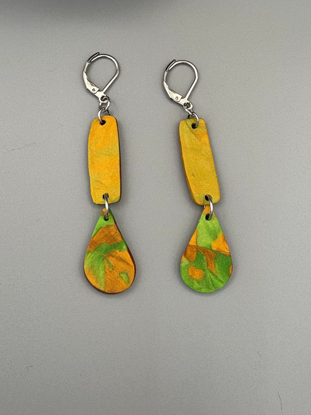 Green & Gold Bar & Drop Dangle Earrings - handcrafted polymer clay earrings by Lakeside Clay