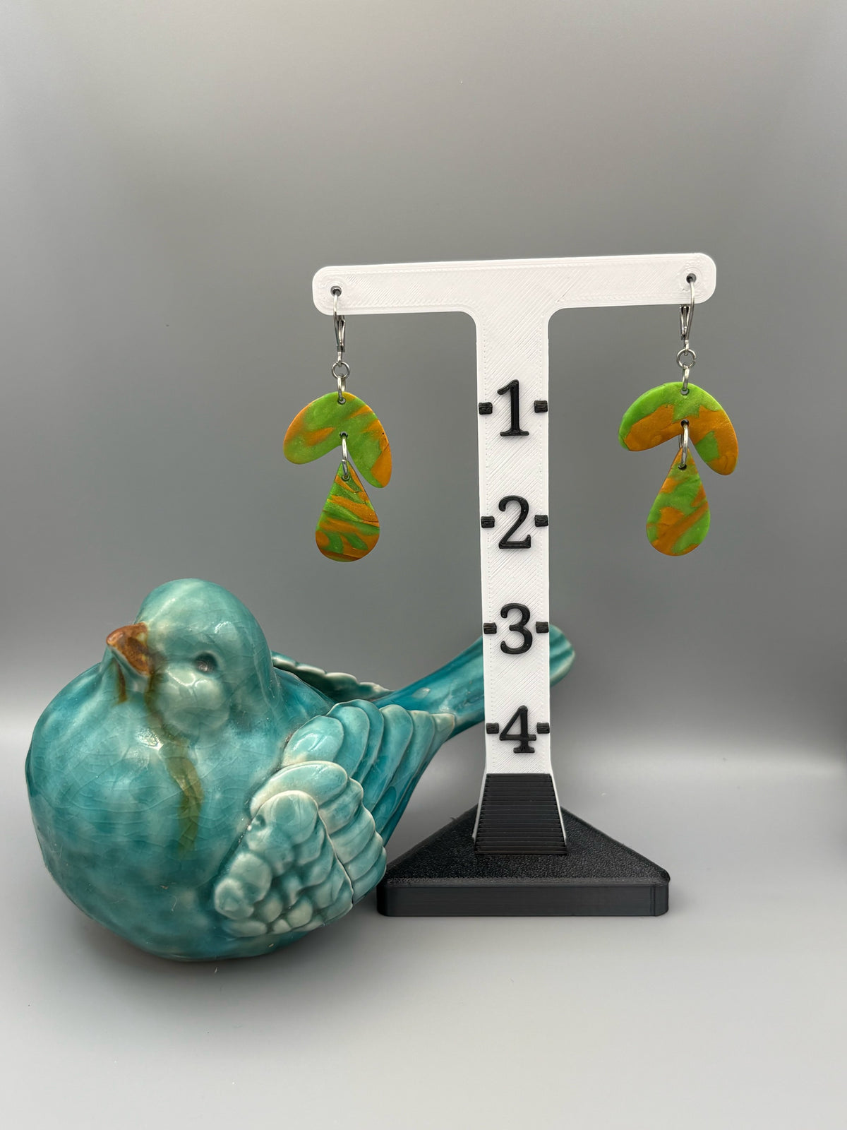 Green & Gold Curve & Drop Dangle Earrings - handcrafted polymer clay earrings by Lakeside Clay