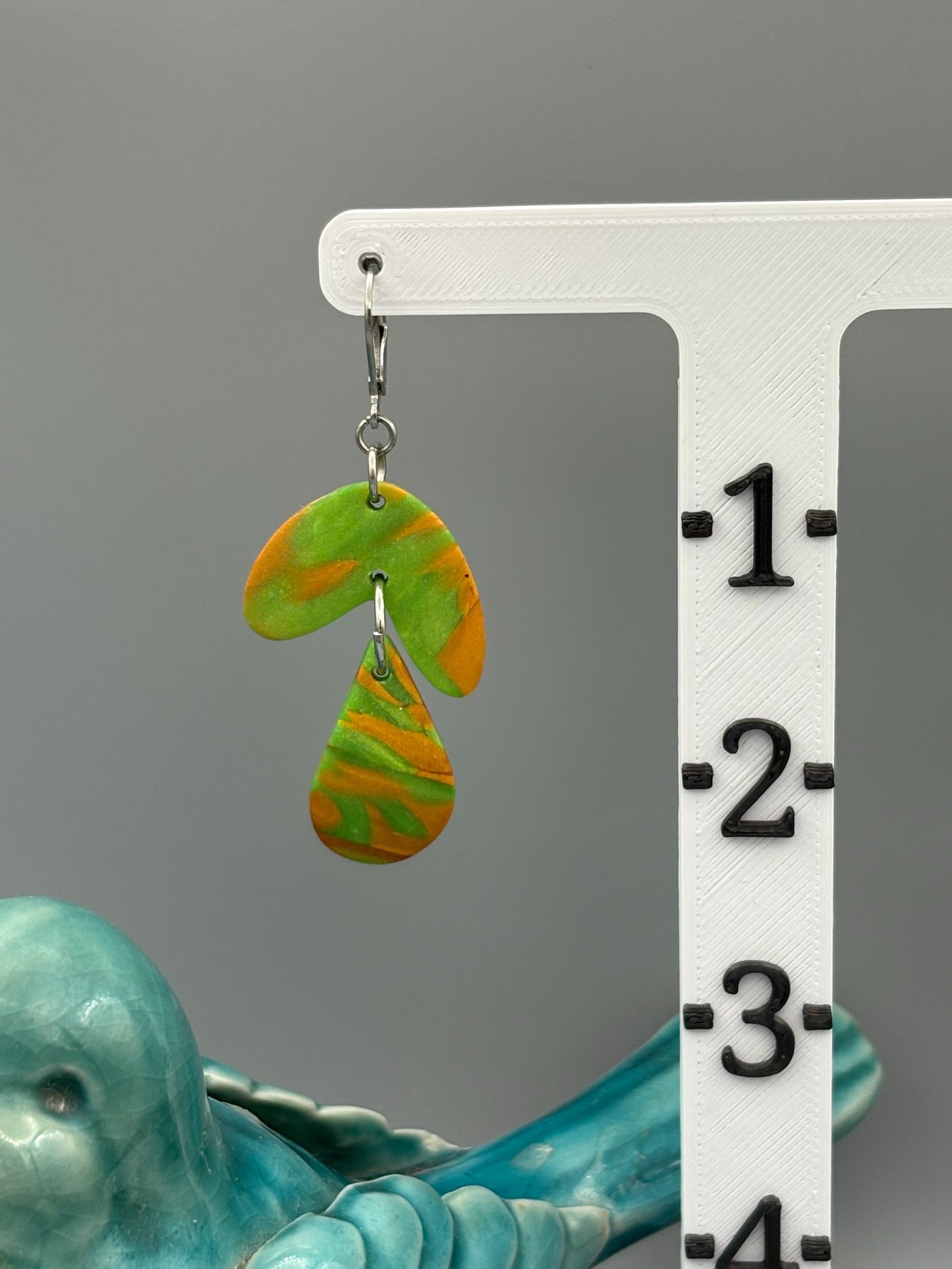 Green & Gold Curve & Drop Dangle Earrings - handcrafted polymer clay earrings by Lakeside Clay