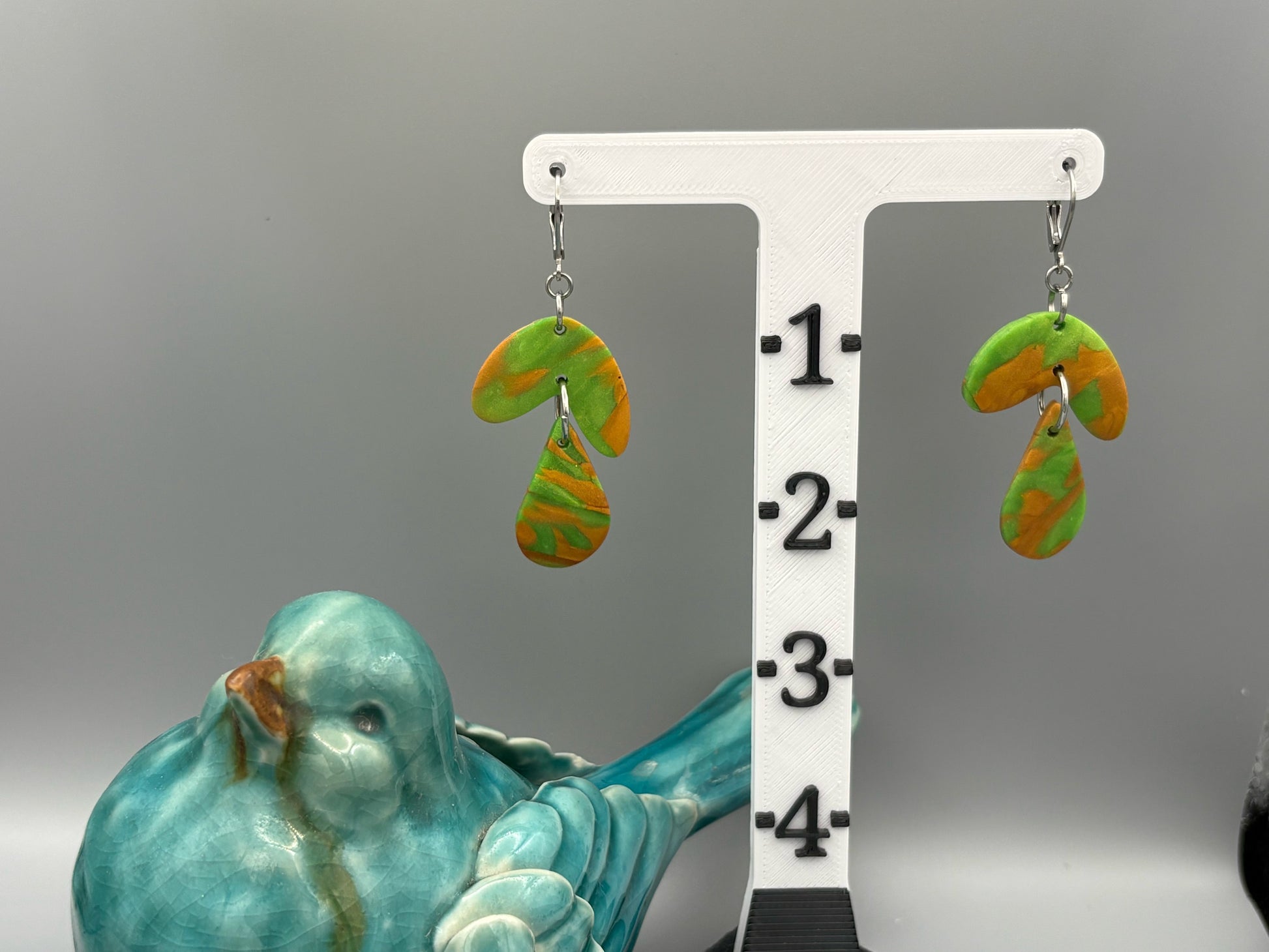 Green & Gold Curve & Drop Dangle Earrings - handcrafted polymer clay earrings by Lakeside Clay