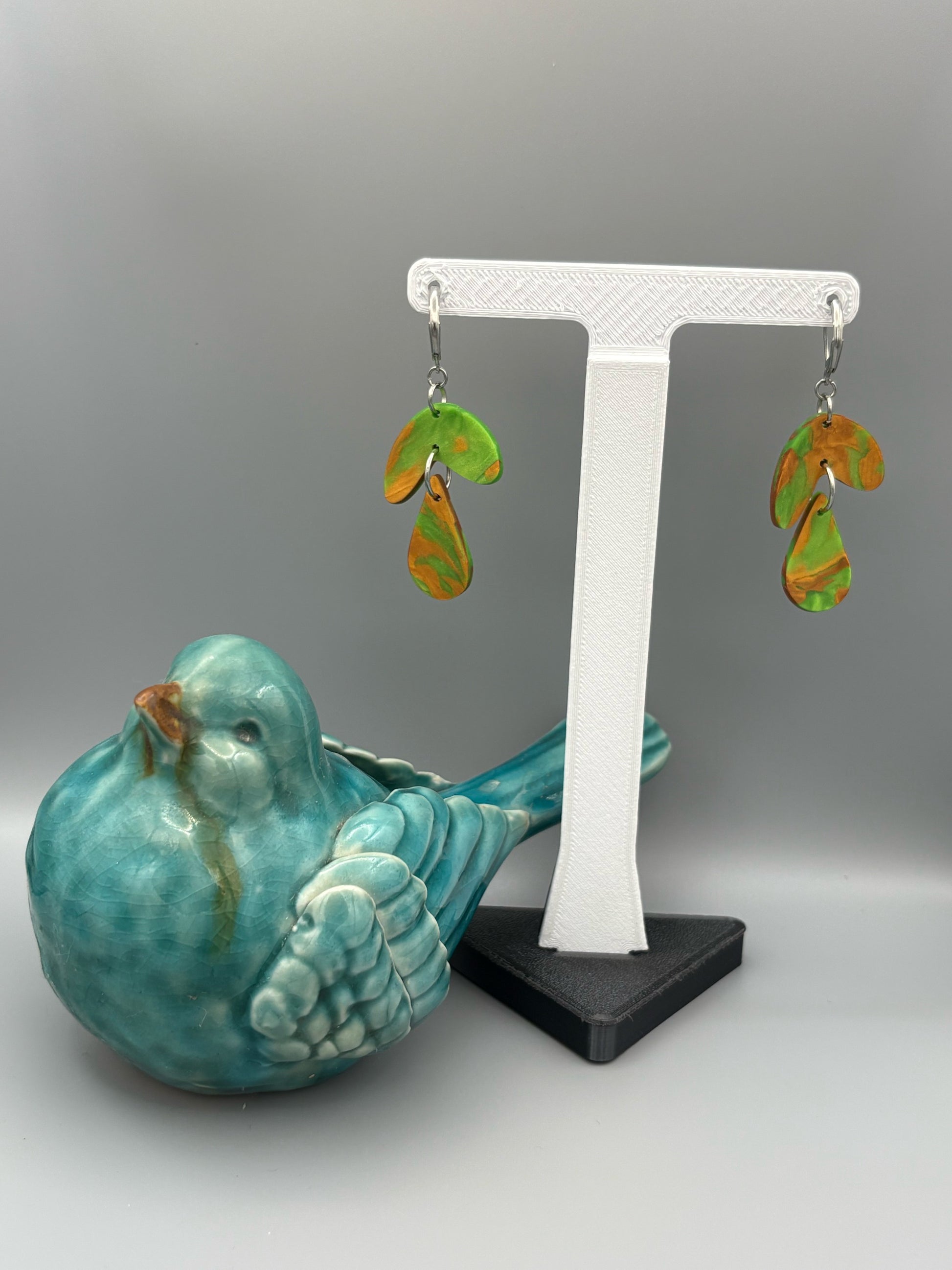 Green & Gold Curve & Drop Dangle Earrings - handcrafted polymer clay earrings by Lakeside Clay