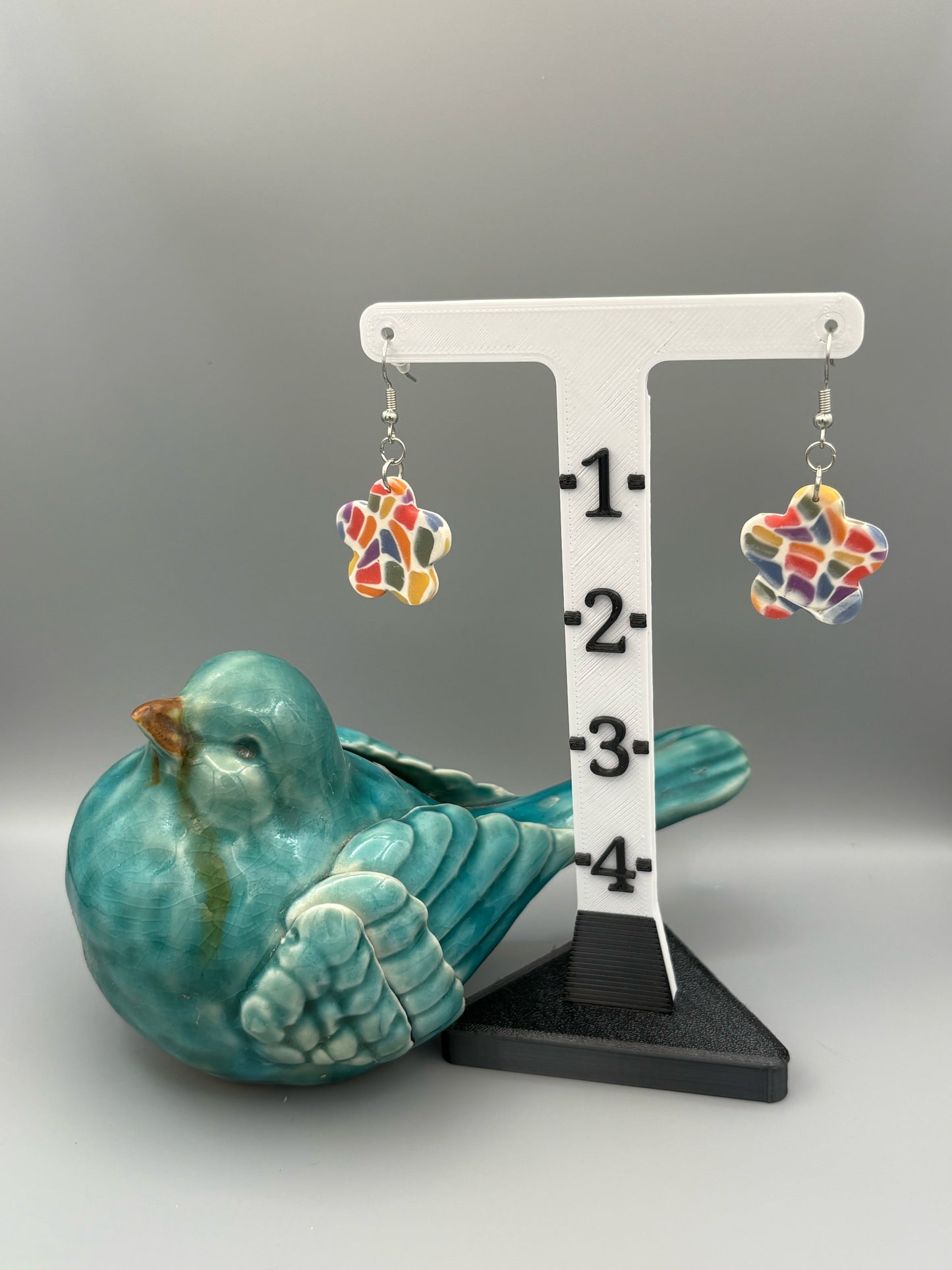 Rainbow Mosaic Flower Dangle Earrings - handcrafted polymer clay earrings by Lakeside Clay
