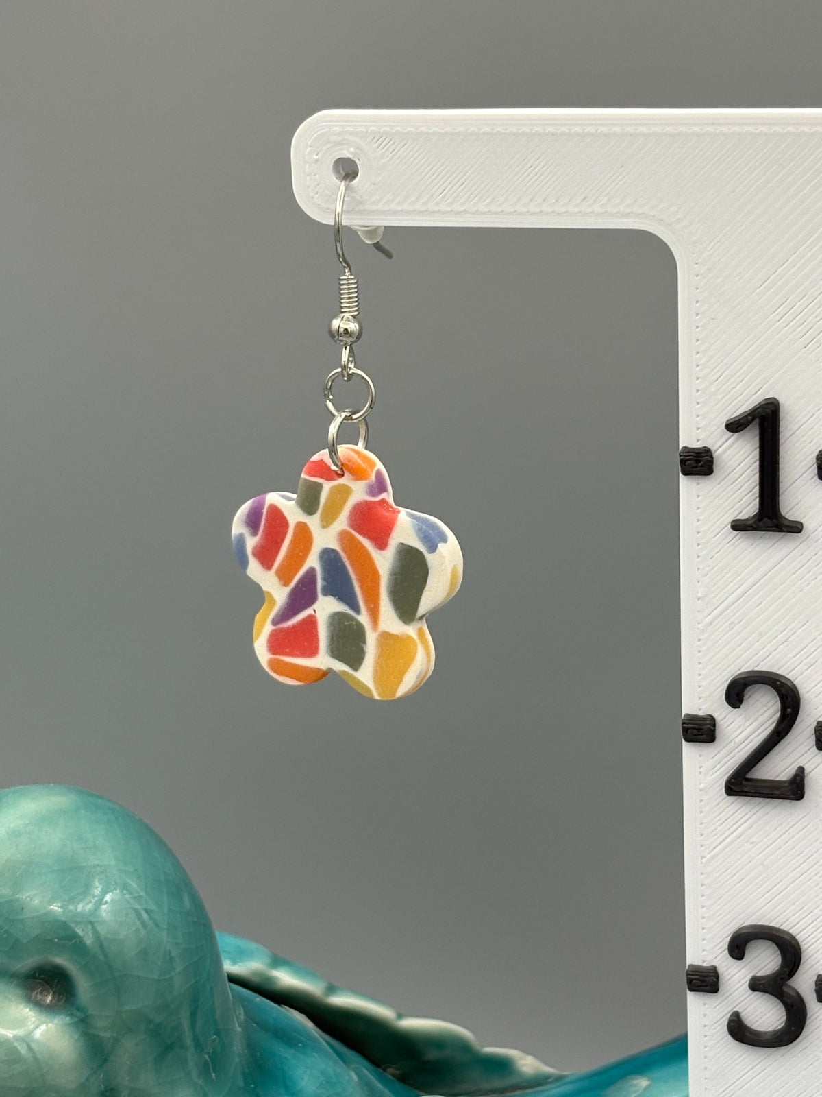 Rainbow Mosaic Flower Dangle Earrings - handcrafted polymer clay earrings by Lakeside Clay