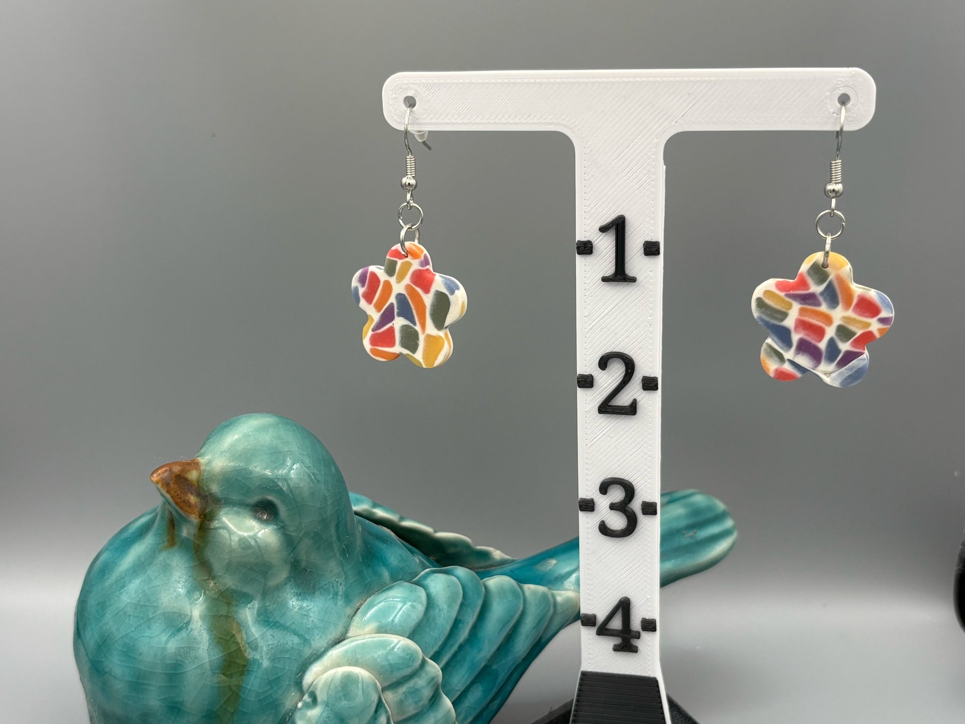 Rainbow Mosaic Flower Dangle Earrings - handcrafted polymer clay earrings by Lakeside Clay