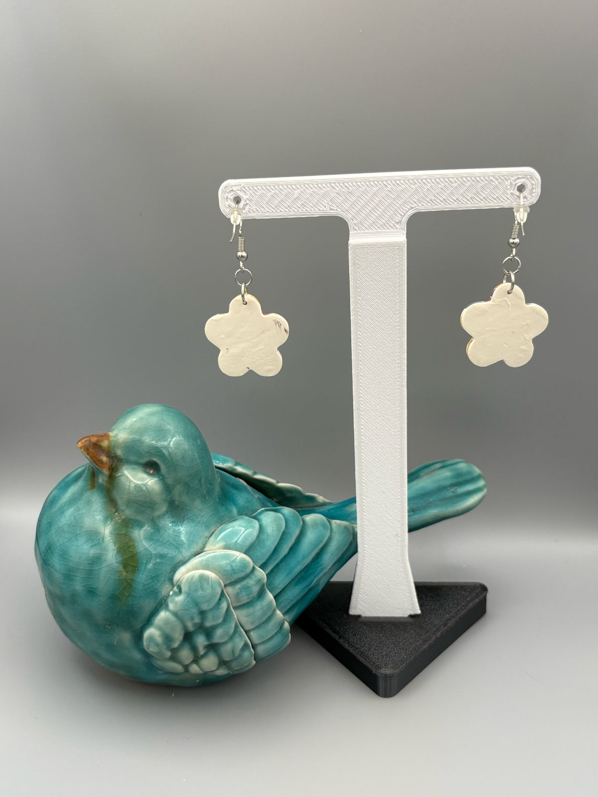 Rainbow Mosaic Flower Dangle Earrings - handcrafted polymer clay earrings by Lakeside Clay