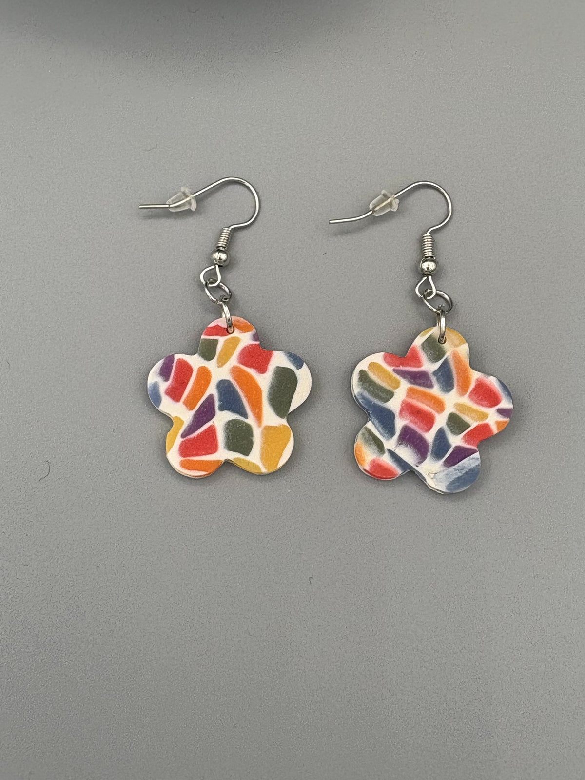 Rainbow Mosaic Flower Dangle Earrings - handcrafted polymer clay earrings by Lakeside Clay