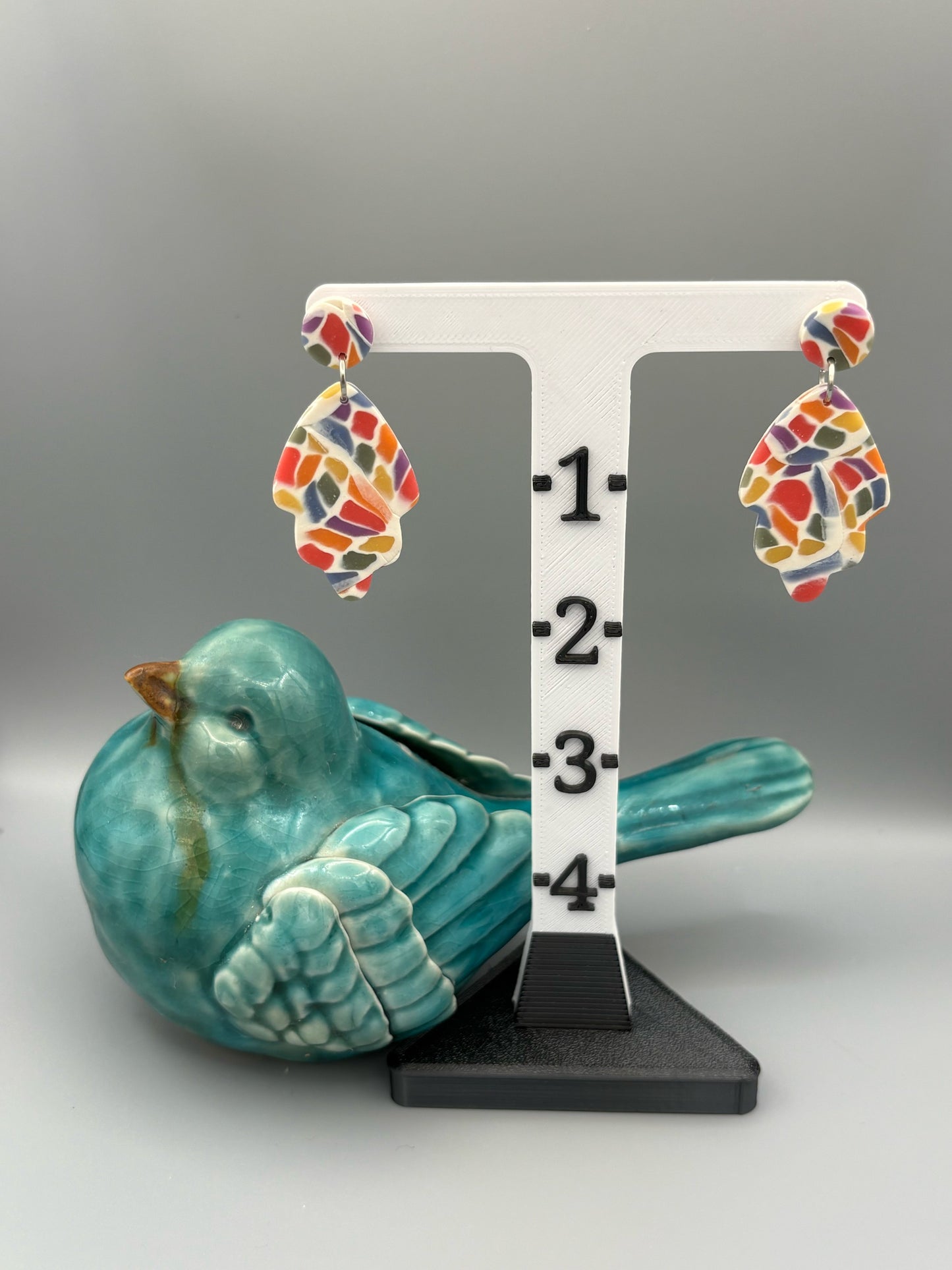 Rainbow Mosaic Leaf Dangle Earrings - handcrafted polymer clay earrings by Lakeside Clay