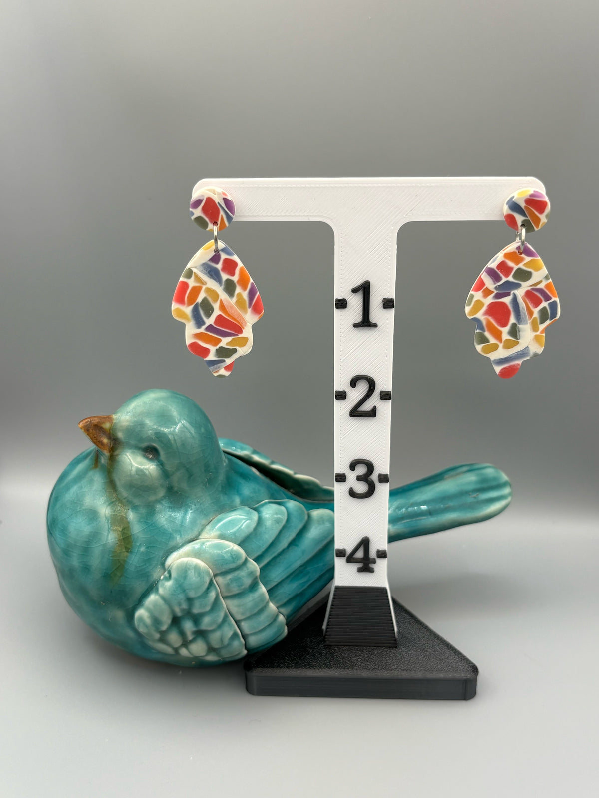 Rainbow Mosaic Leaf Dangle Earrings - handcrafted polymer clay earrings by Lakeside Clay