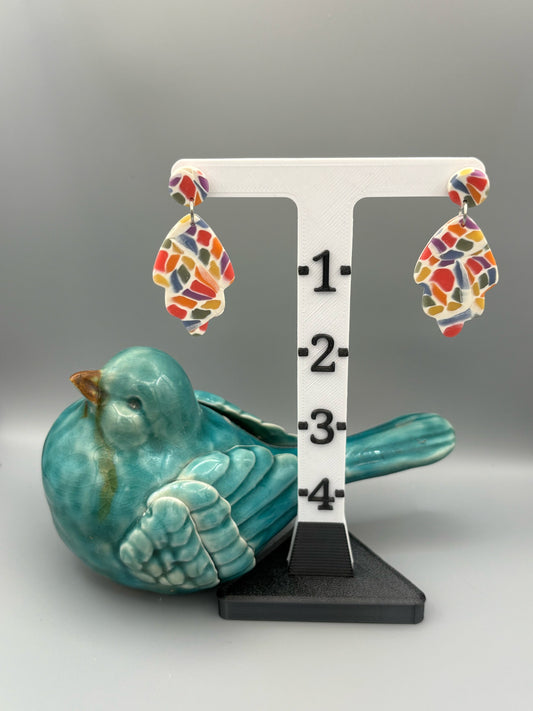 Rainbow Mosaic Leaf Dangle Earrings - handcrafted polymer clay earrings by Lakeside Clay