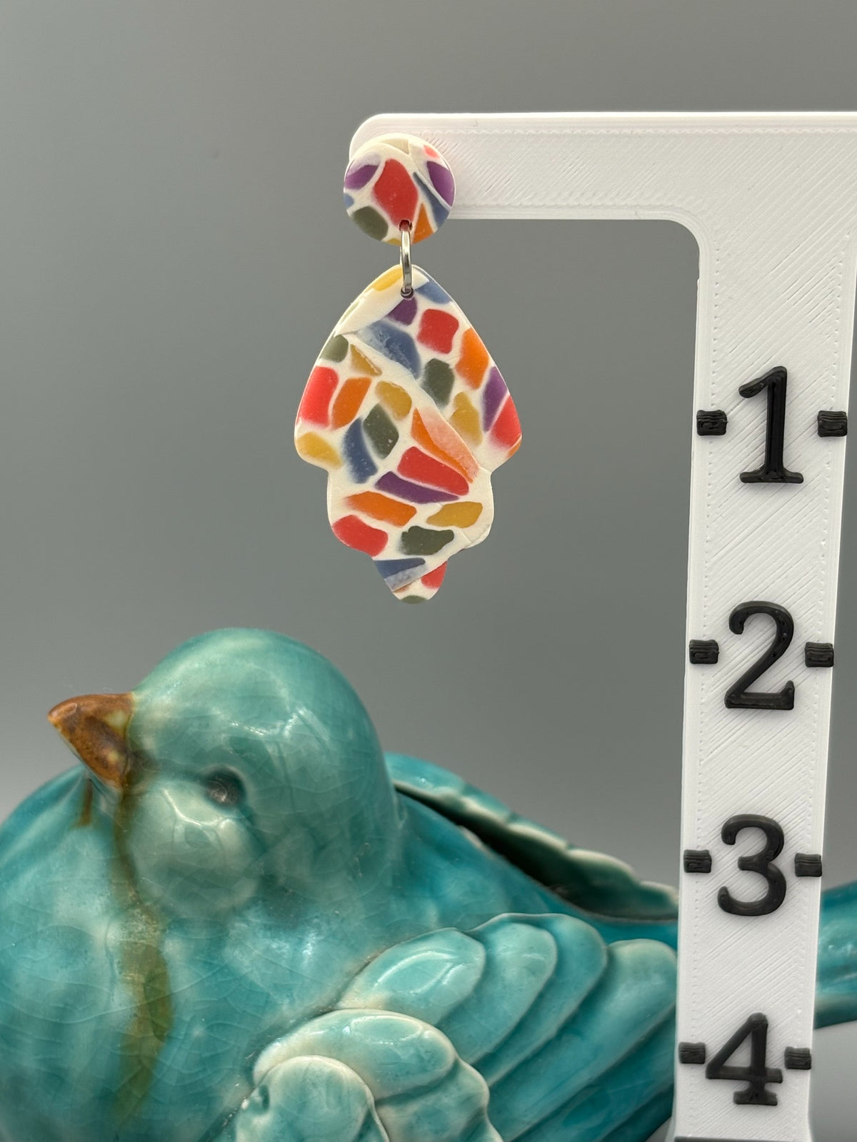 Rainbow Mosaic Leaf Dangle Earrings - handcrafted polymer clay earrings by Lakeside Clay