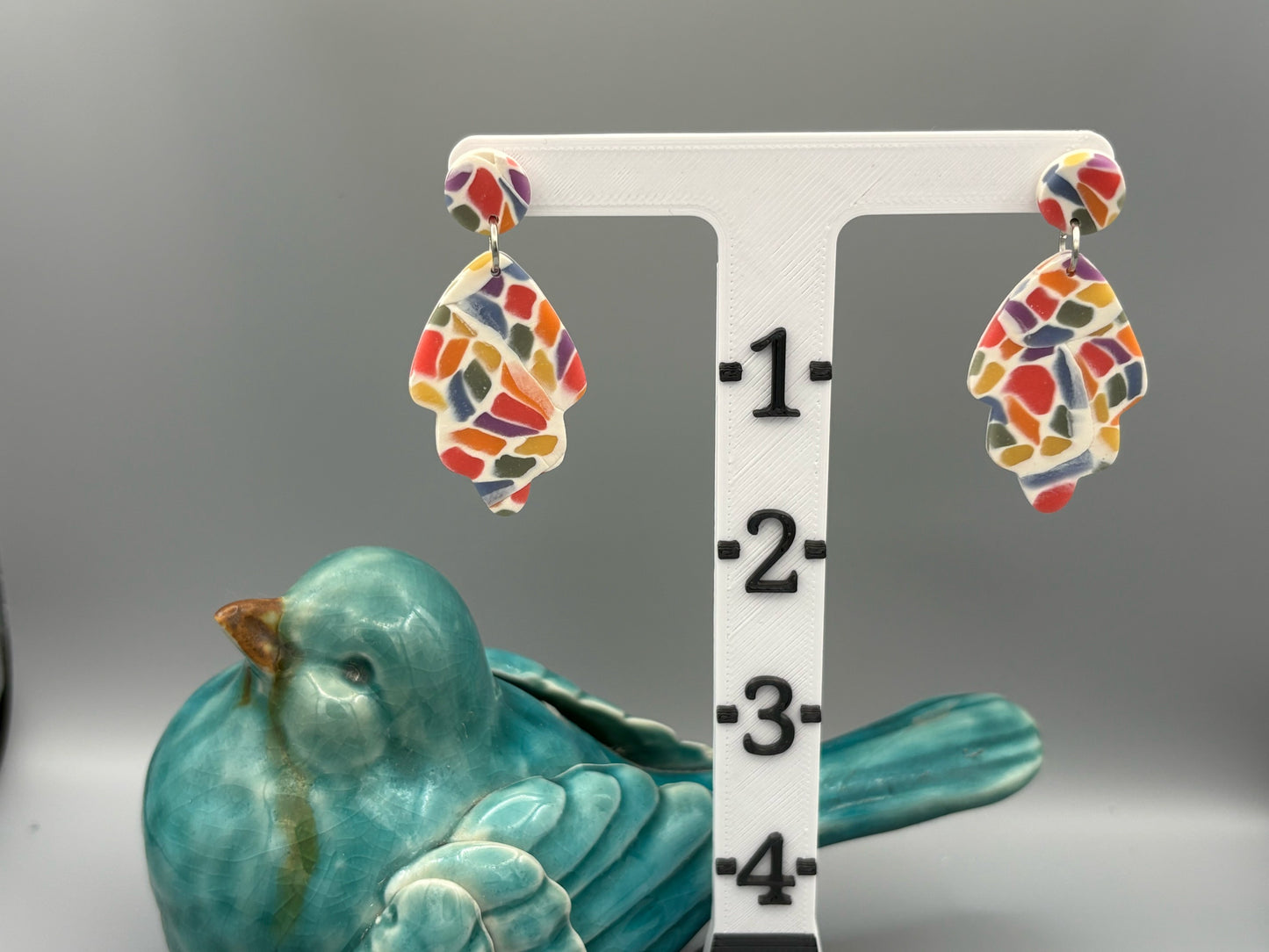 Rainbow Mosaic Leaf Dangle Earrings - handcrafted polymer clay earrings by Lakeside Clay