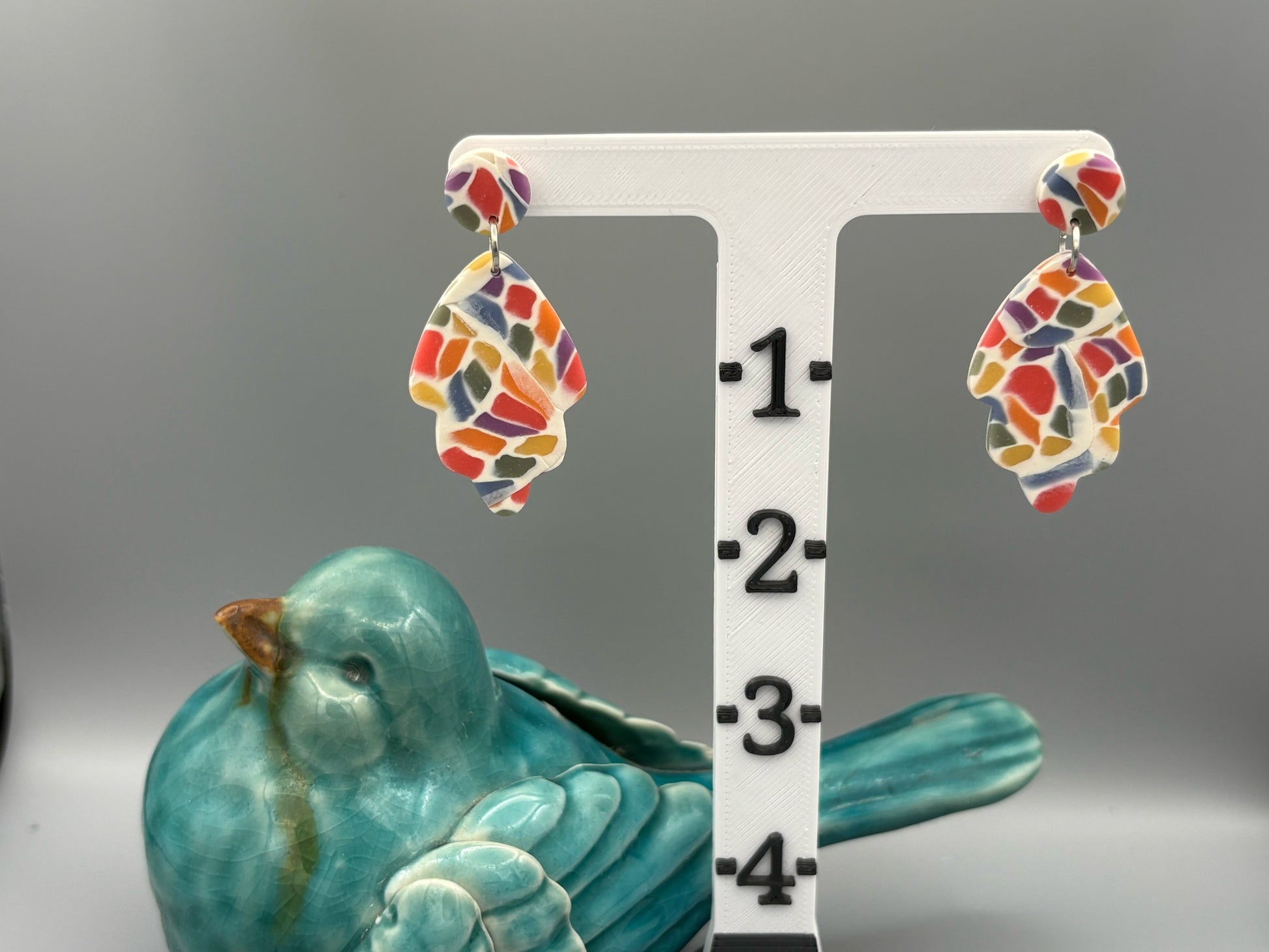 Rainbow Mosaic Leaf Dangle Earrings - handcrafted polymer clay earrings by Lakeside Clay