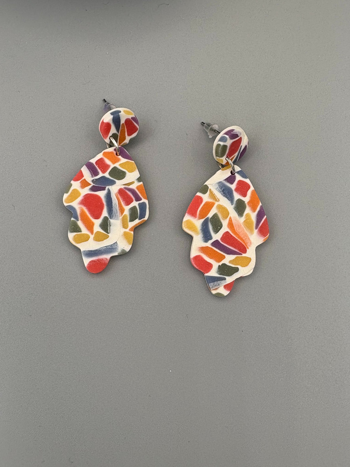 Rainbow Mosaic Leaf Dangle Earrings - handcrafted polymer clay earrings by Lakeside Clay